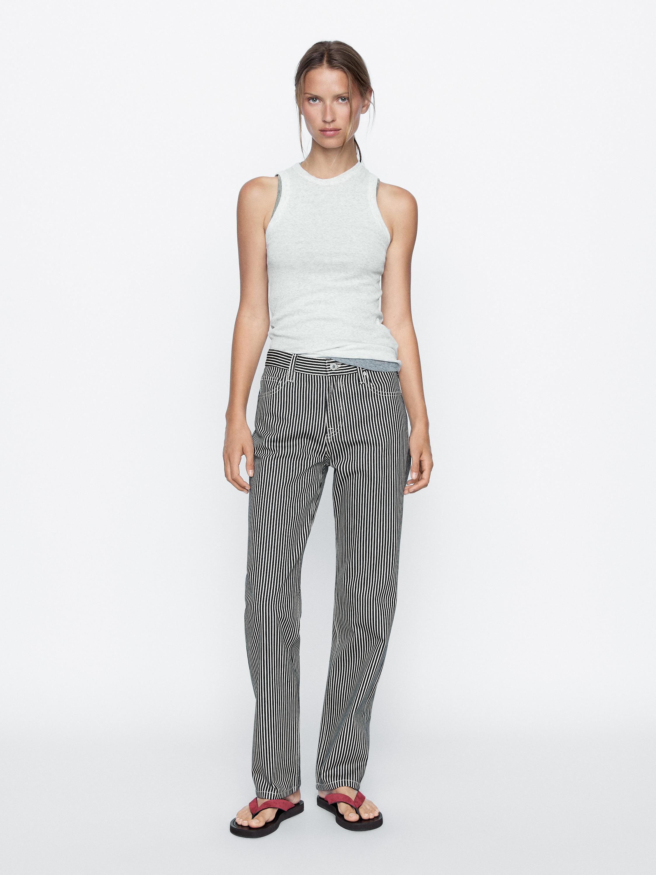 Striped low-rise straight-leg jeans
