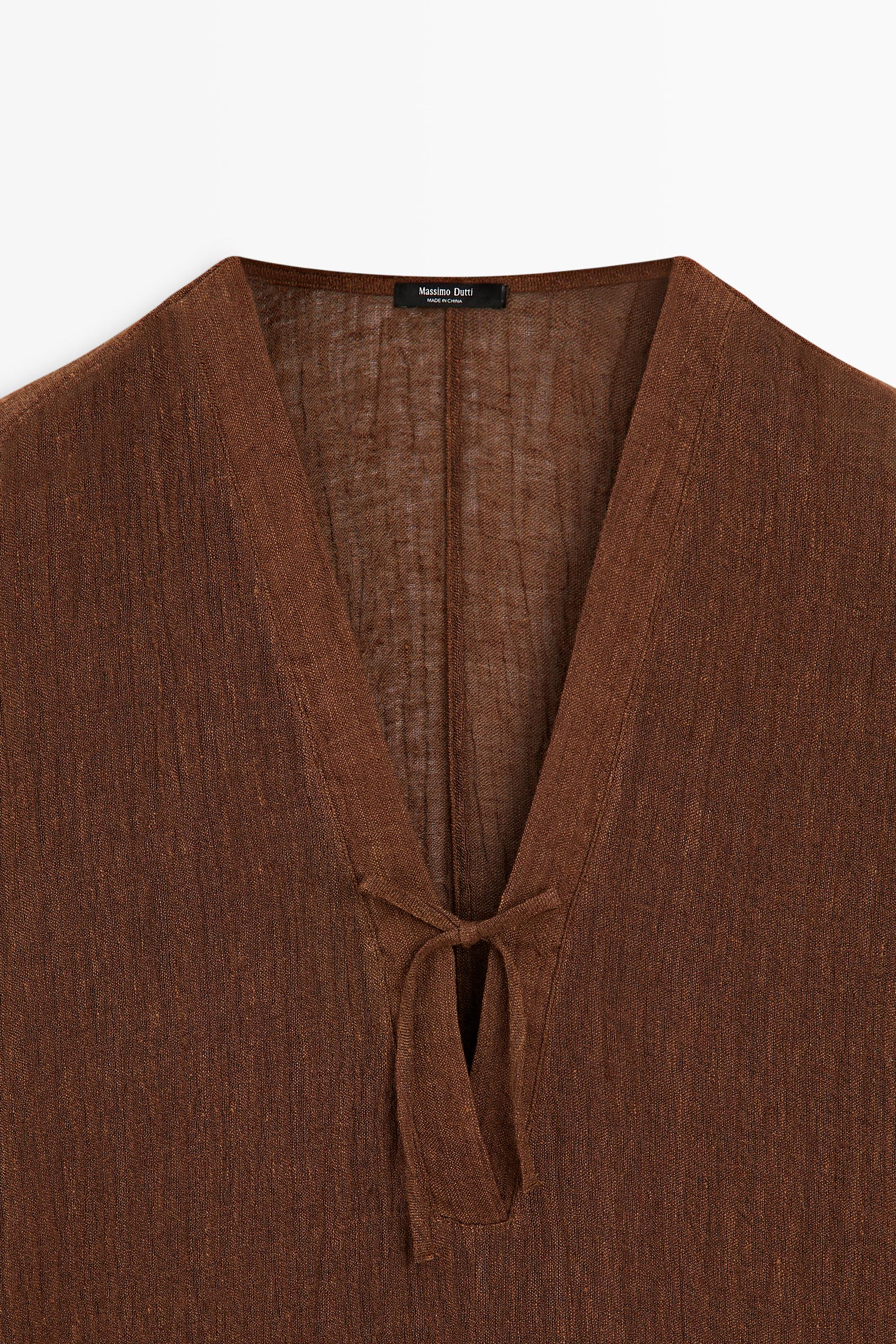 Linen blend kaftan dress with tied neckline — OCHRE