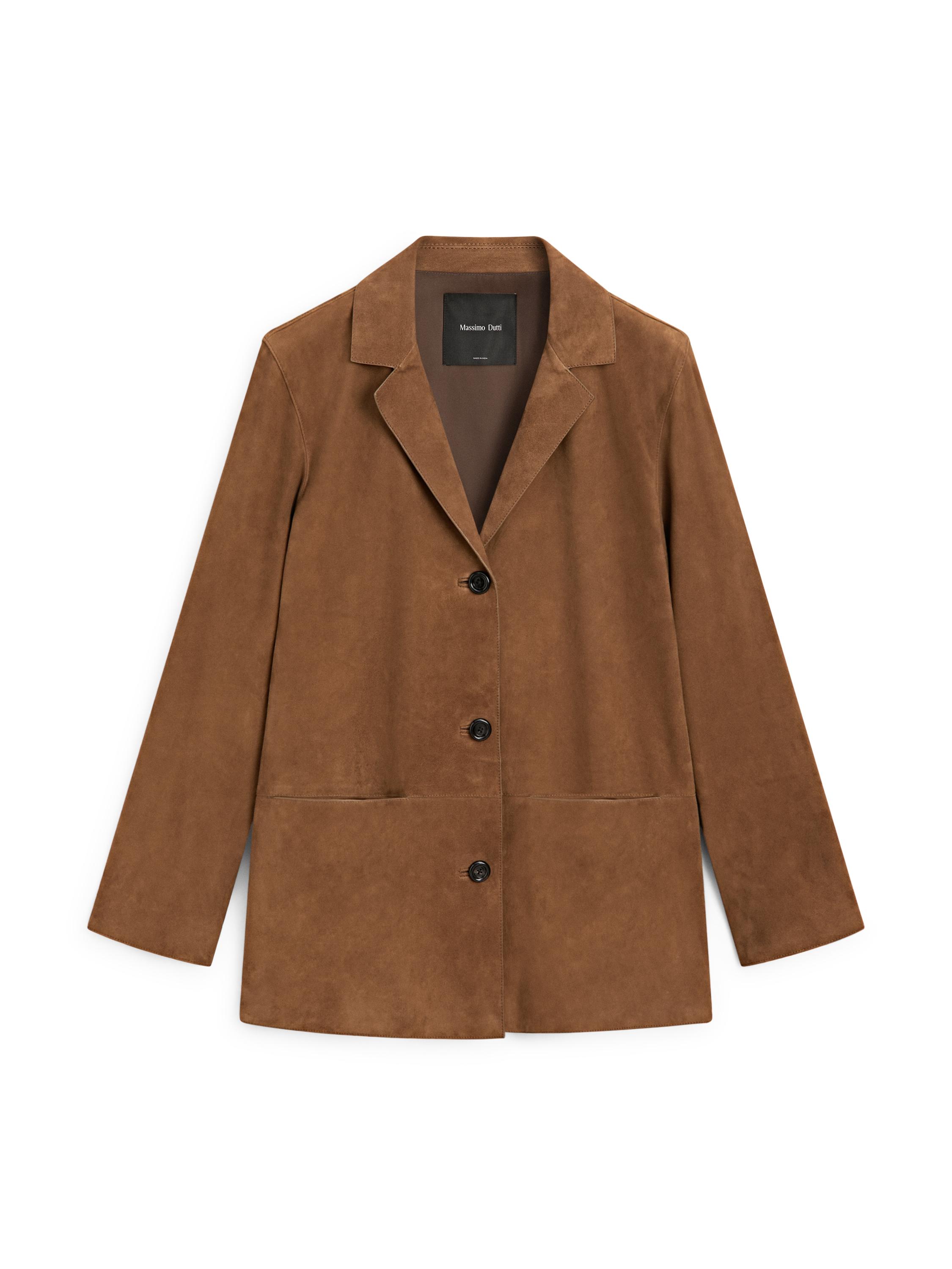 100% suede leather blazer with lapel collar — BROWN
