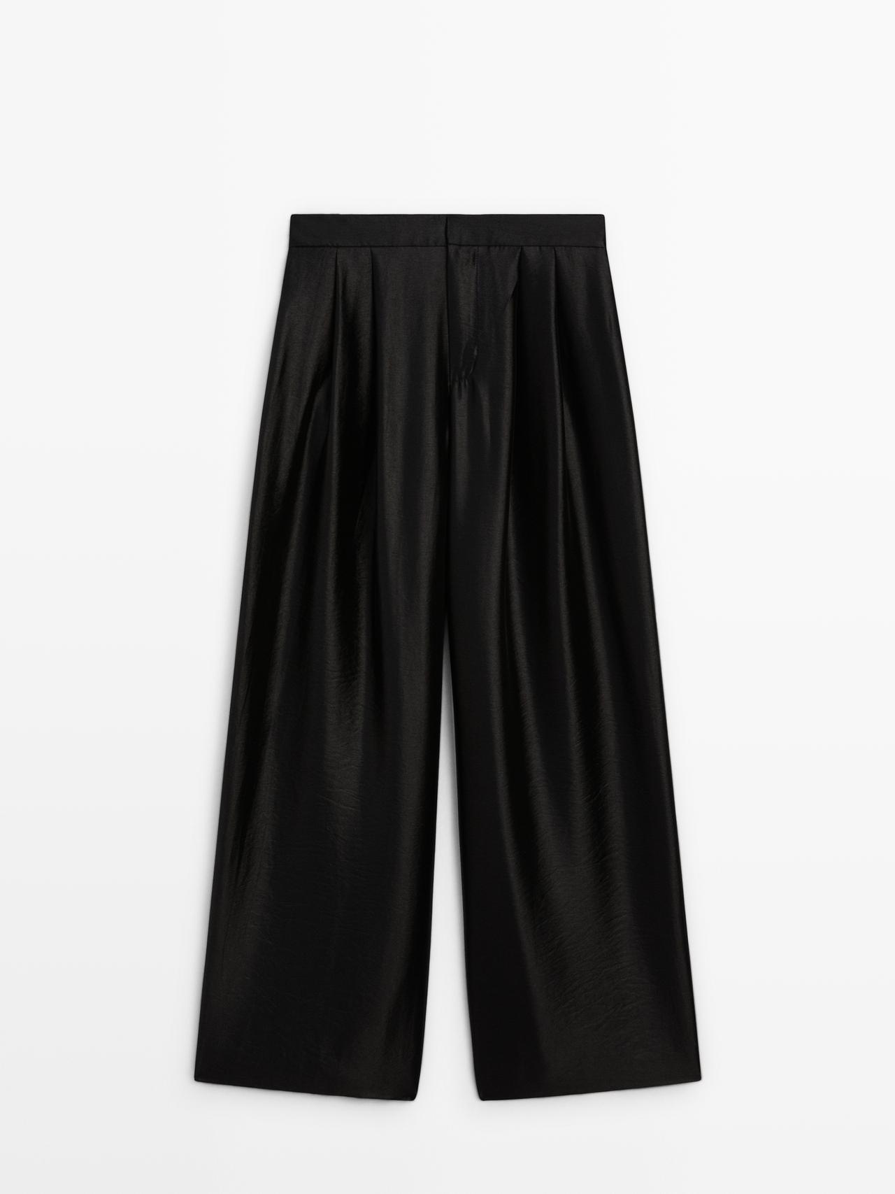 Massimo Dutti - Dames - Wijde Broek Met Bandplooien - Zwart - 38