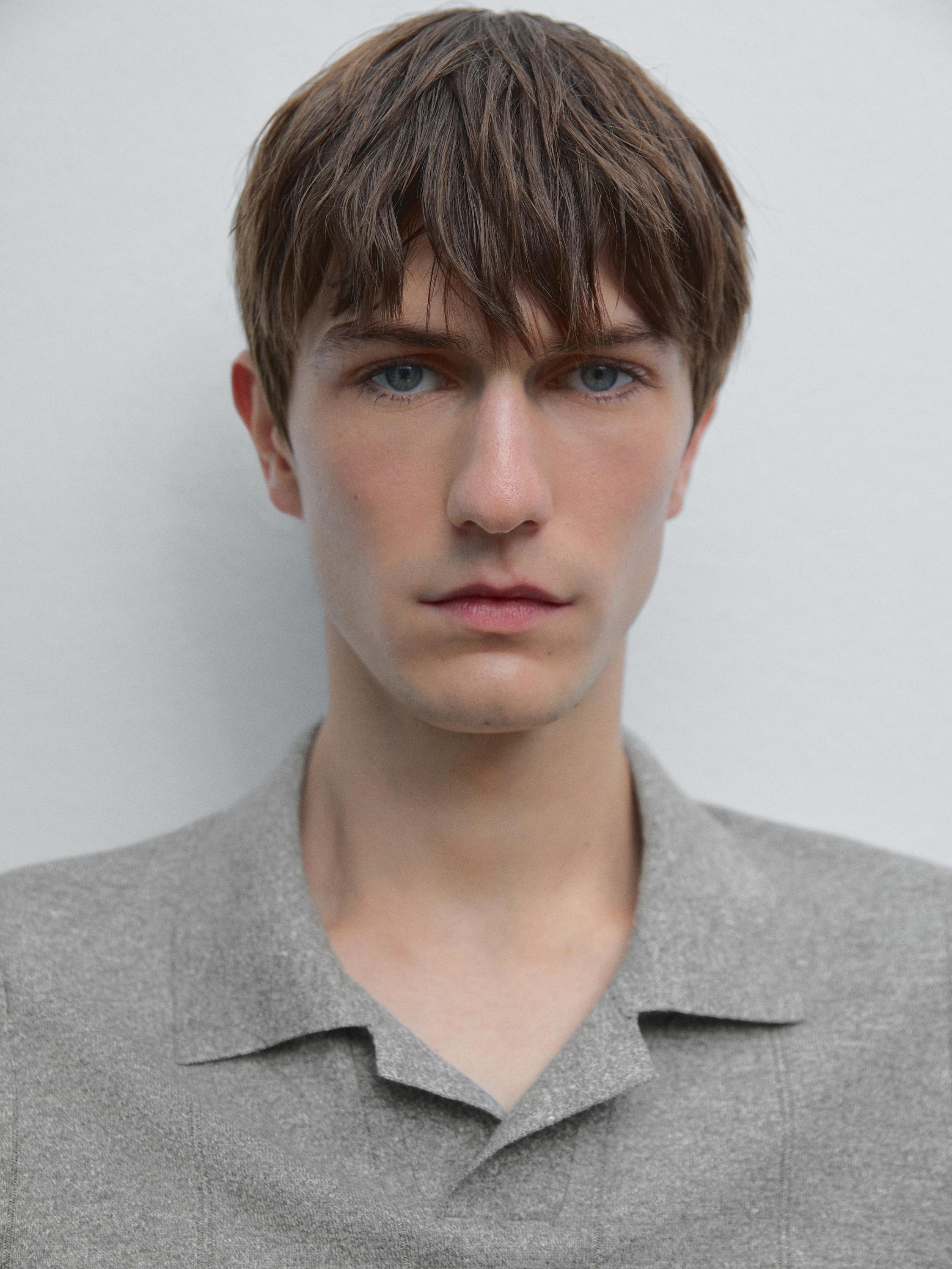 Striped linen blend knit polo shirt