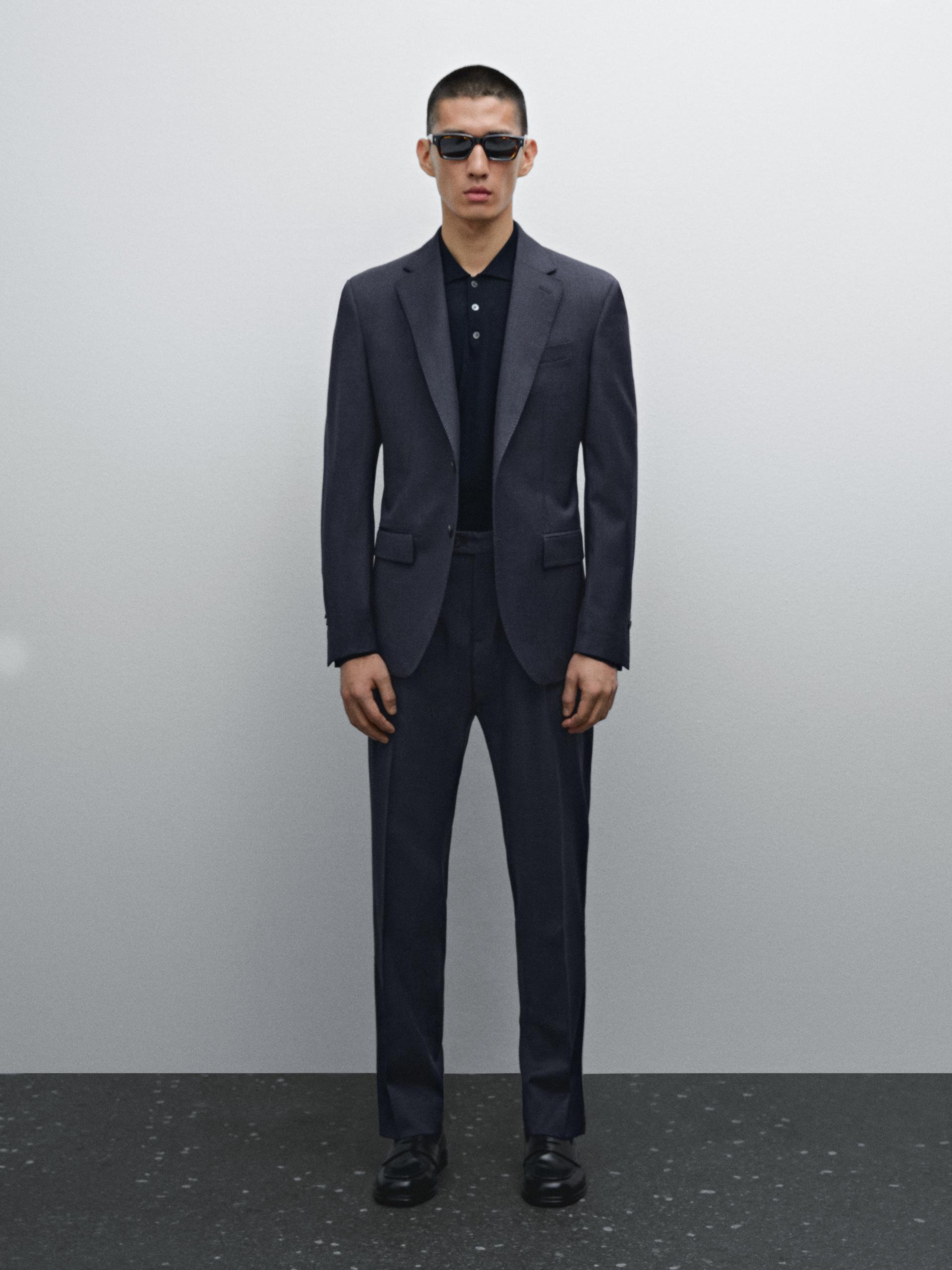 Pantalon De Costume À Carreaux En Laine - Bleu Marine - 38 - Massimo Dutti - Homme