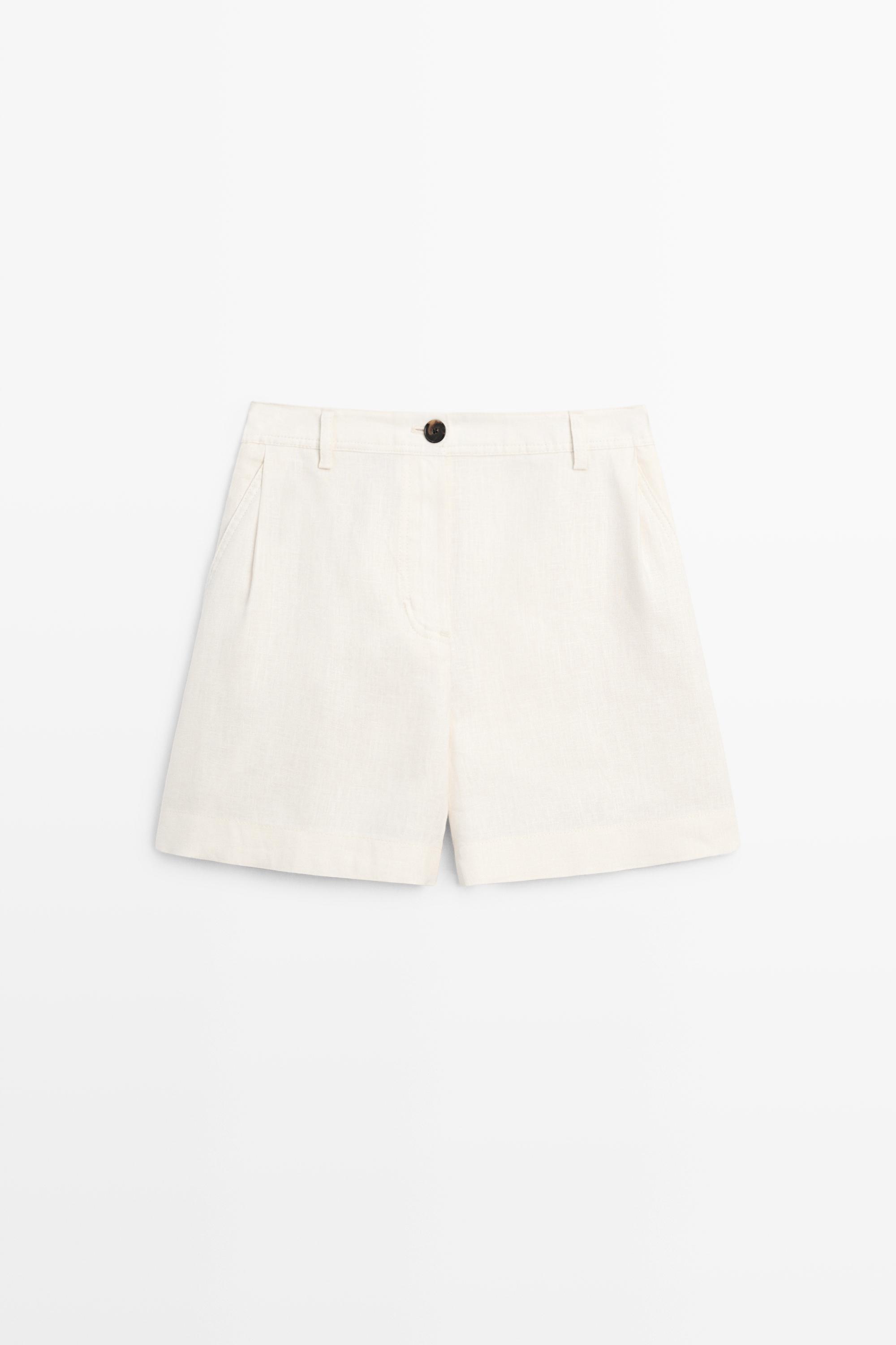 Pleated 100% linen shorts — Off white