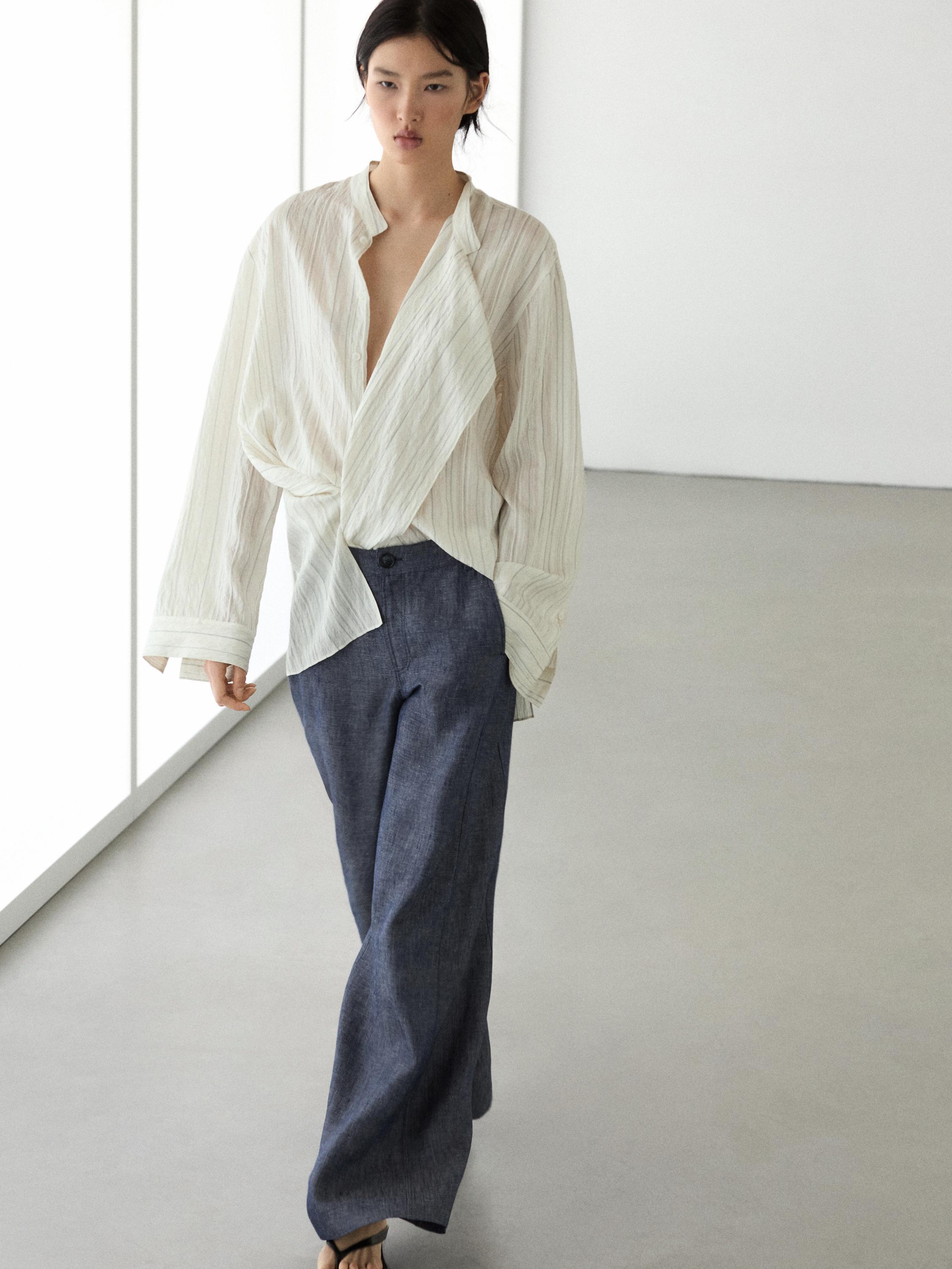 High-waist linen palazzo trousers — Dark Blue
