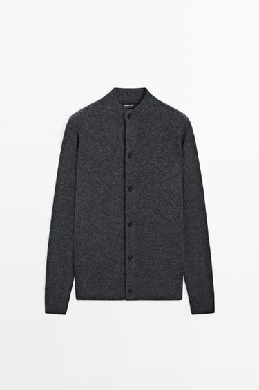 Wool blend mock neck knit cardigan — DARK GREY 2