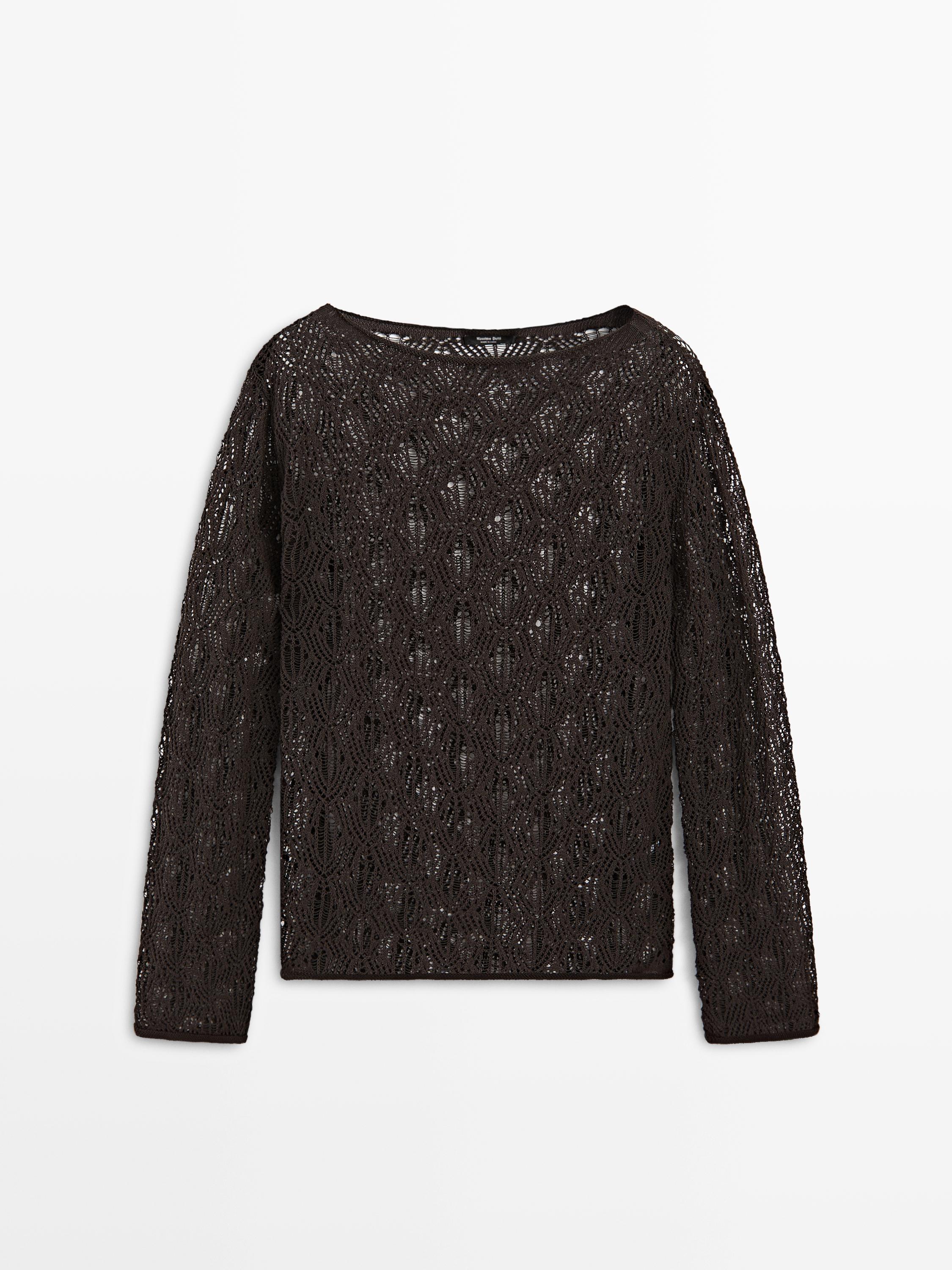 Boatneck sweater with openwork detail — BROWN