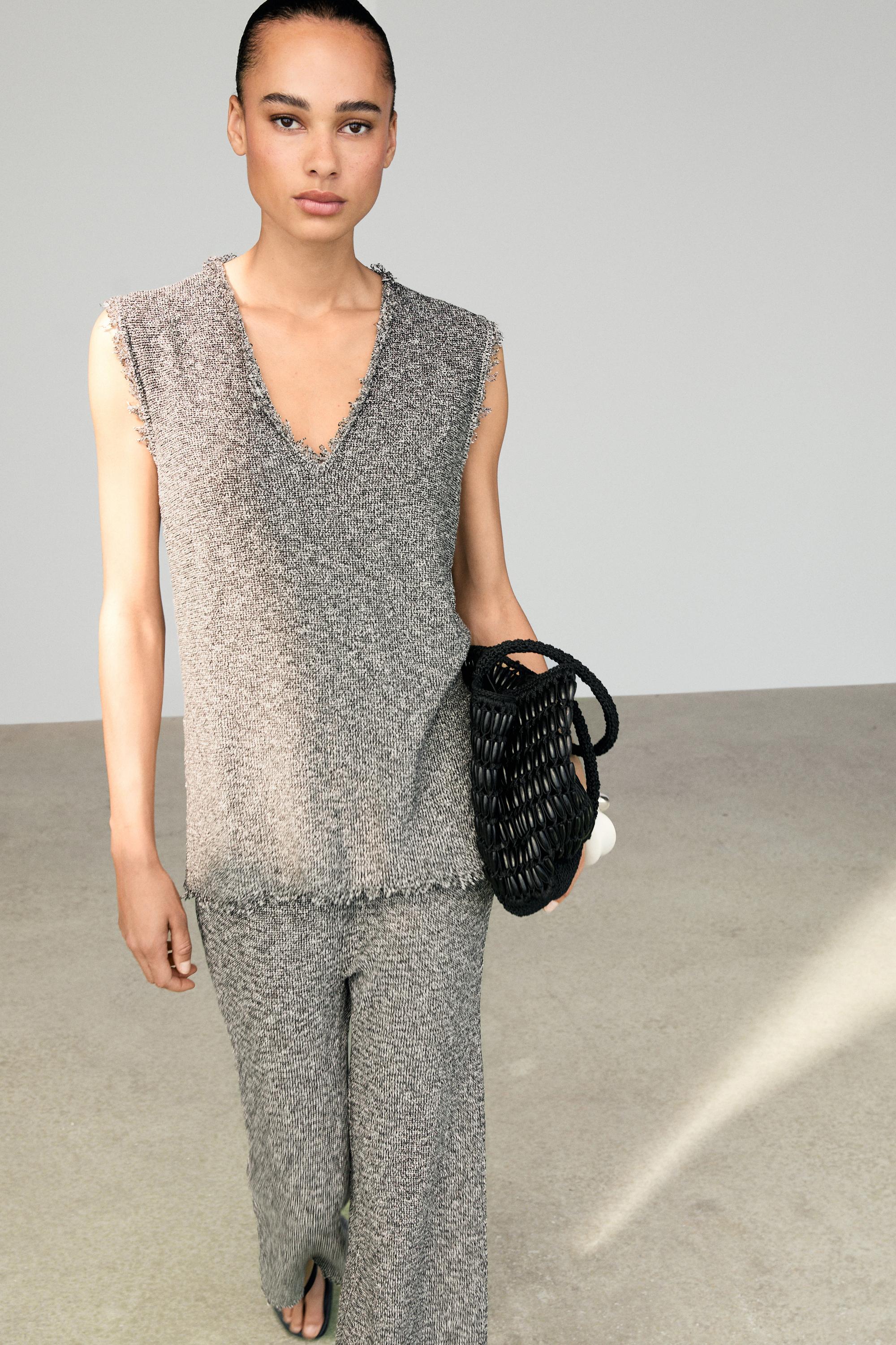 Flecked-effect V-neck top — GREY MARL