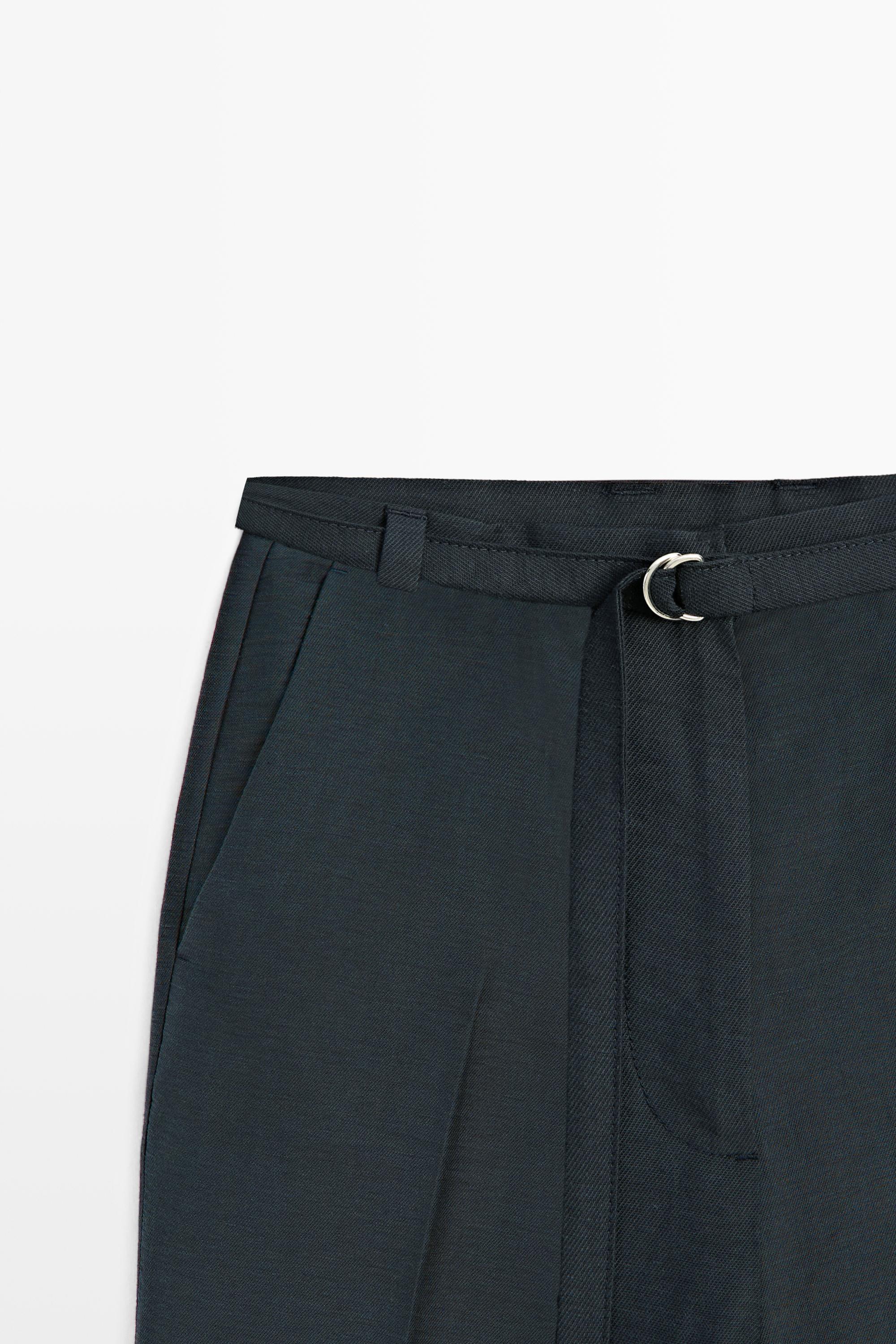 Flowing cotton and linen blend Bermuda shorts with belt — NAVY BLUE