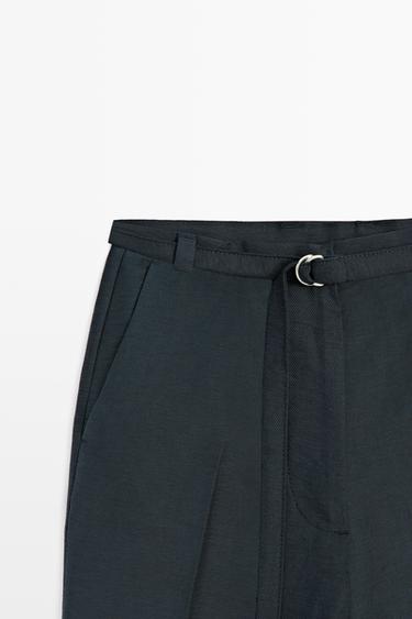 Flowing cotton and linen blend Bermuda shorts with belt — NAVY BLUE 4