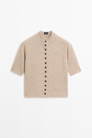 100% wool funnel neck knit cardigan — BEIGE MARL 2