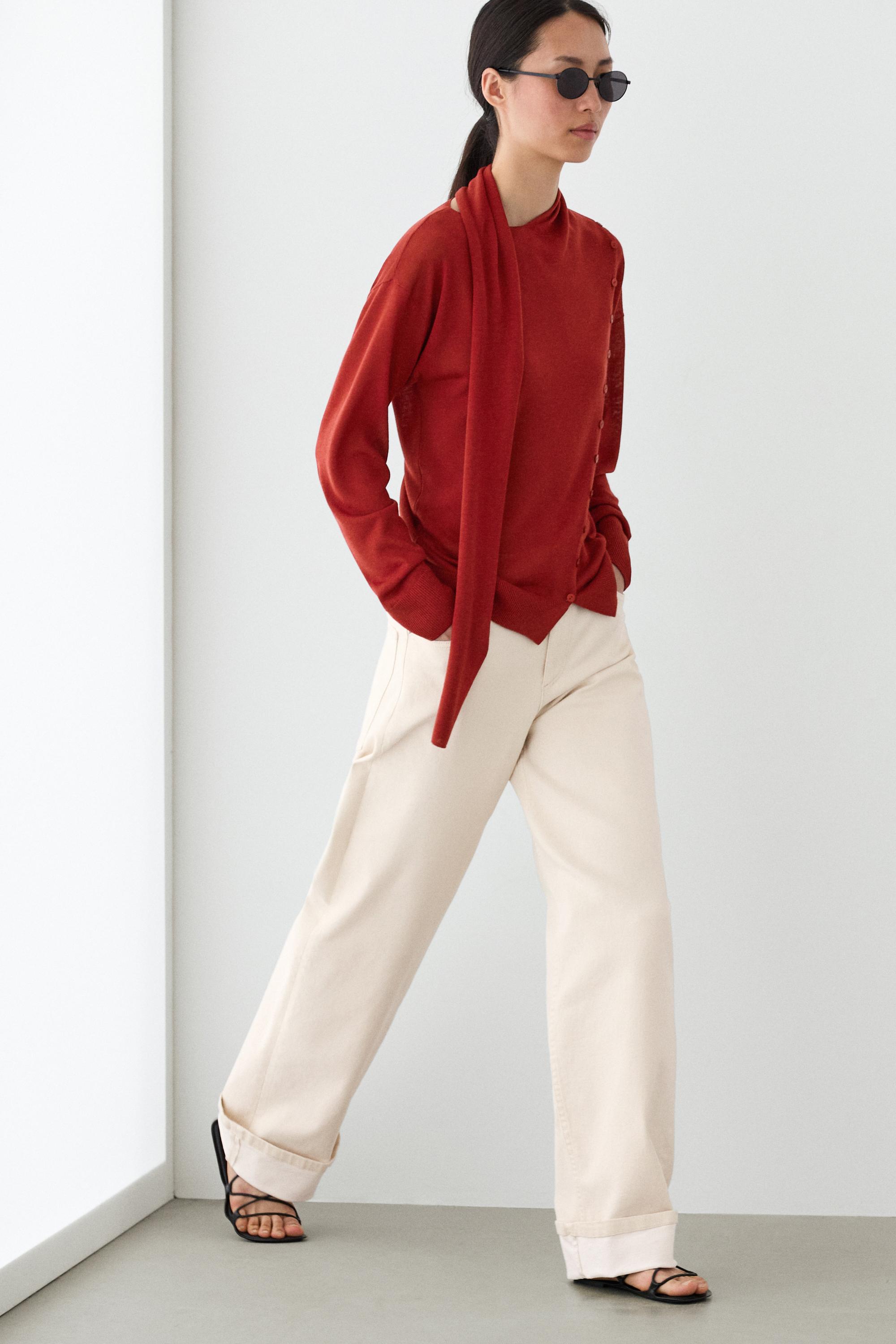 Cardigan with buttoned scarf detail — RED