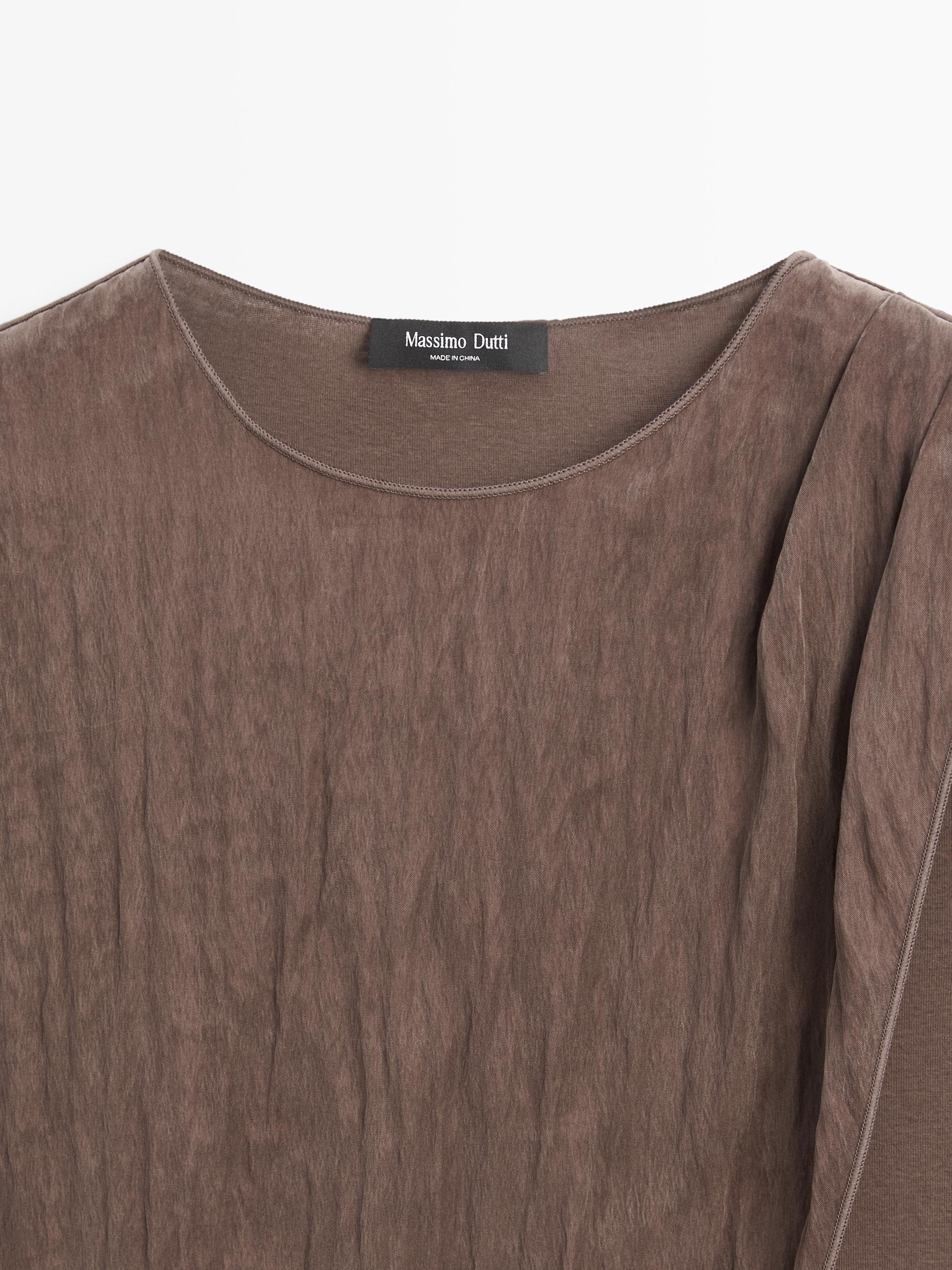 Crossover top with shoulder scarf detail — BROWN
