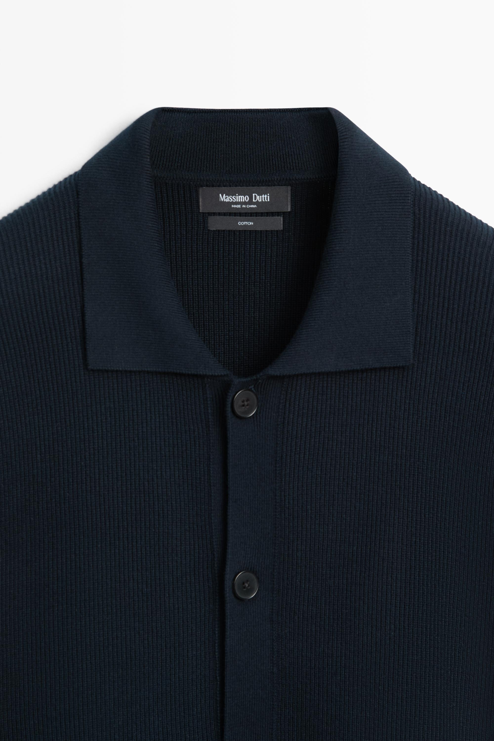 100% cotton polo collar knit cardigan — NAVY BLUE