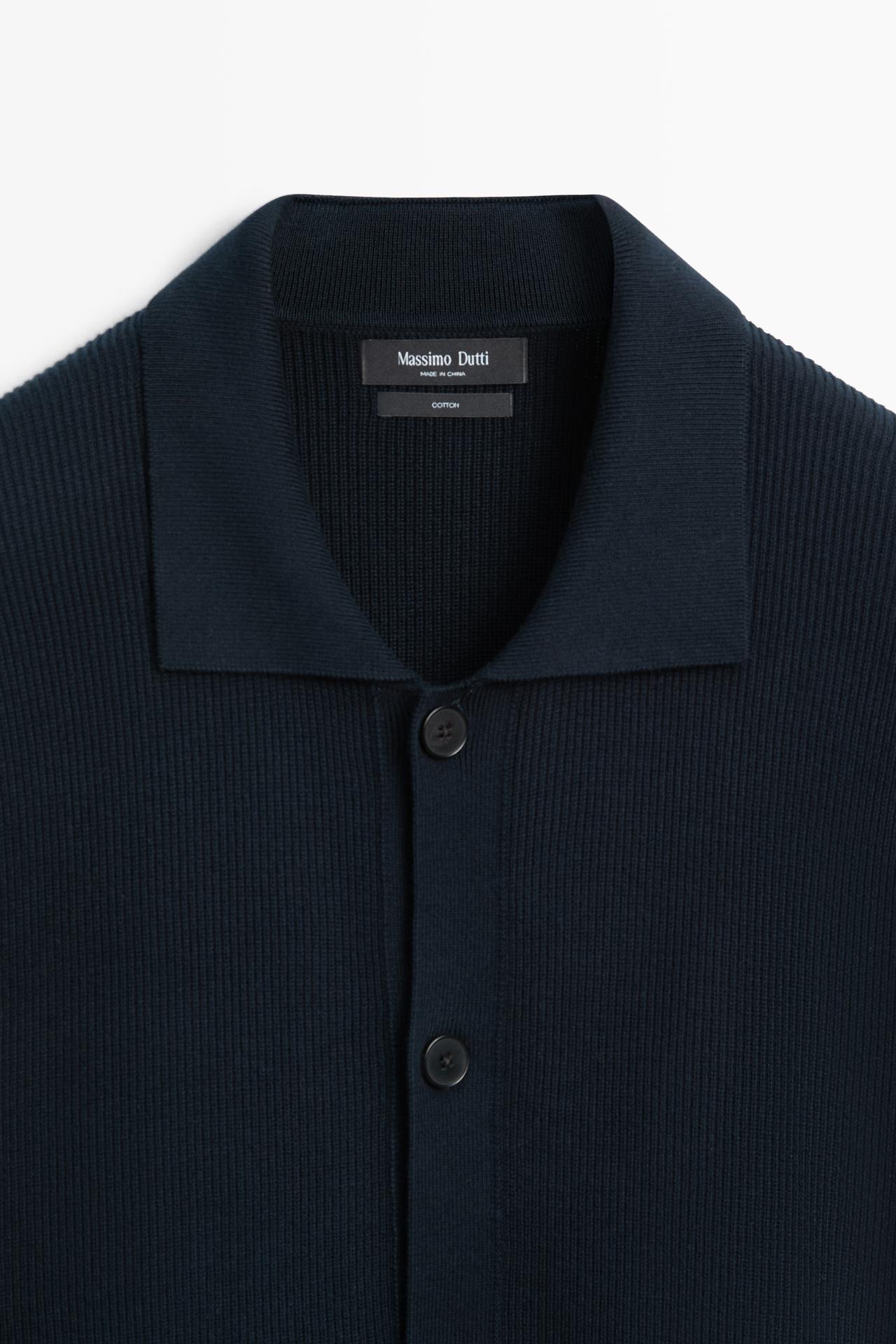 100% cotton polo collar knit cardigan — NAVY BLUE