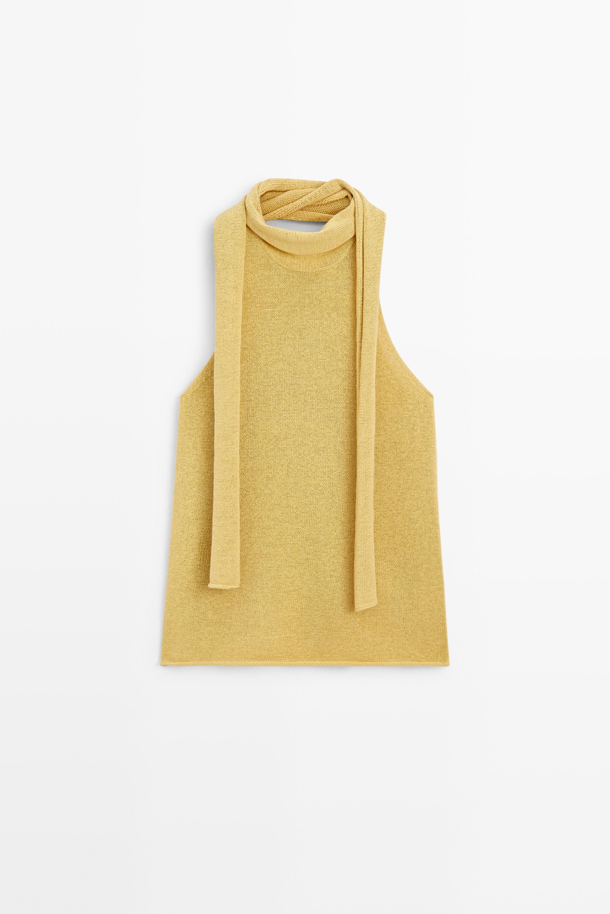 Linen blend halter top with tie detail — LIME