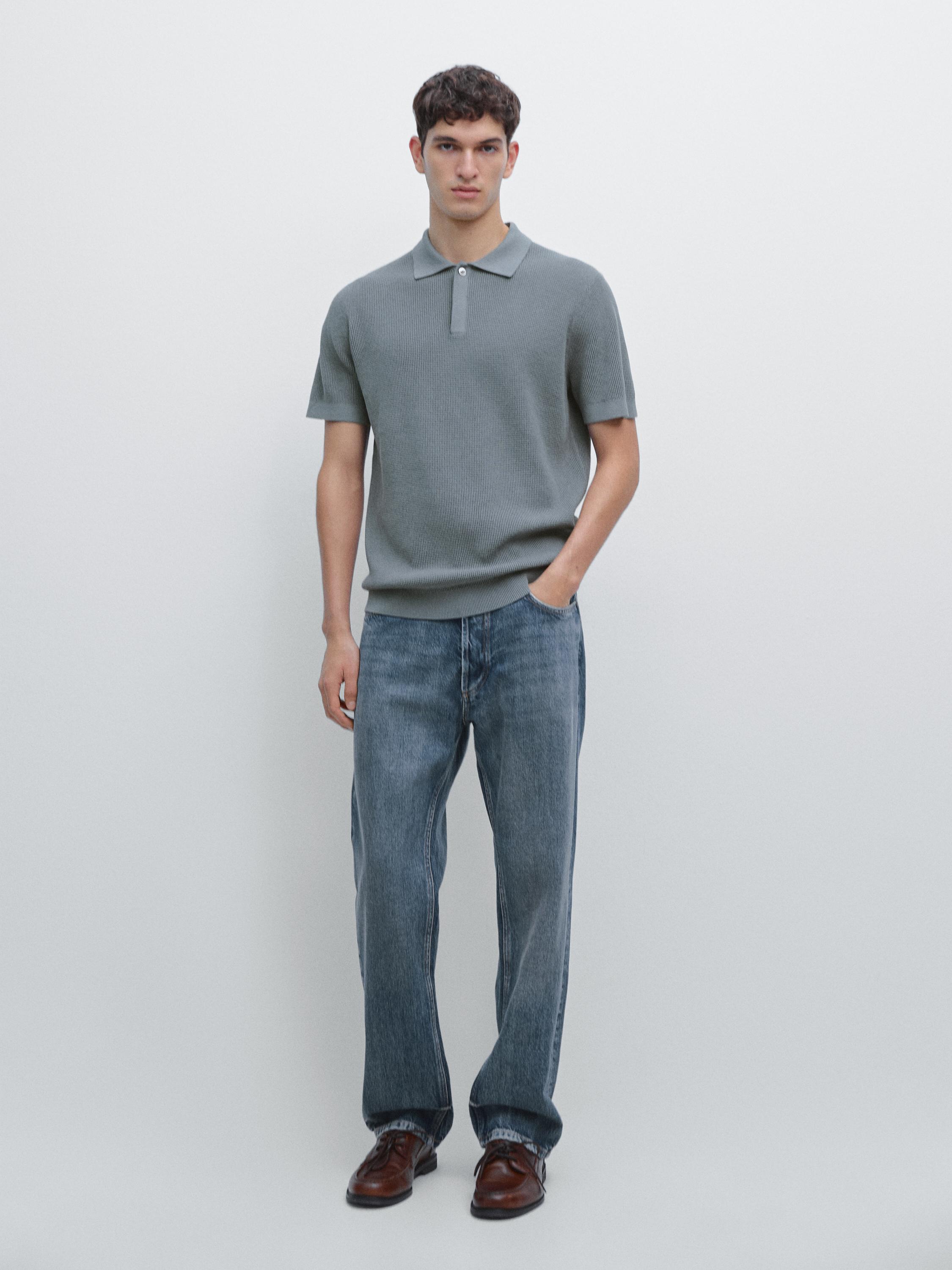 Textured cotton knit polo shirt — DEEP BLUE
