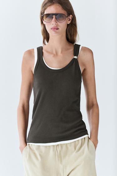 Double-layer strappy top with jewel detail — BROWN 3