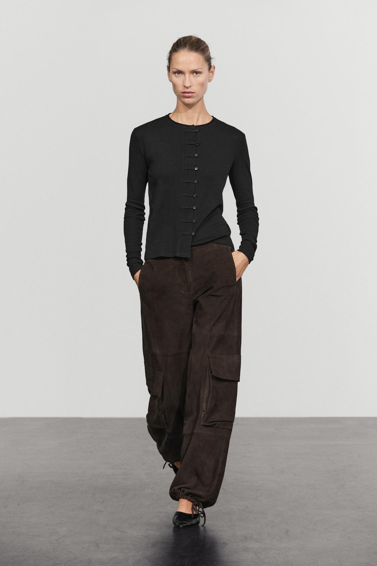 Cotton blend T-shirt with button detail — BLACK