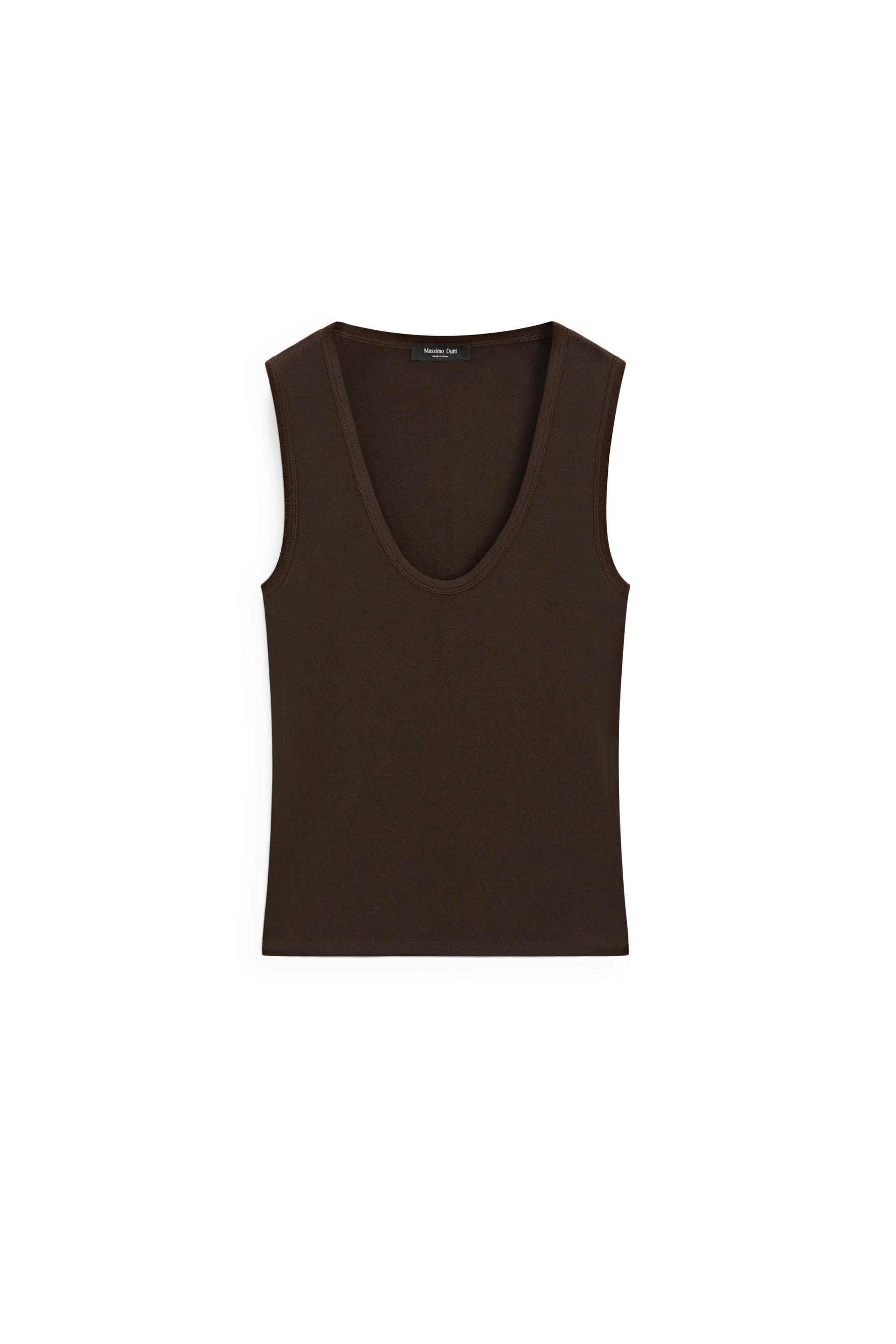 Cotton blend V-neck top — BROWN