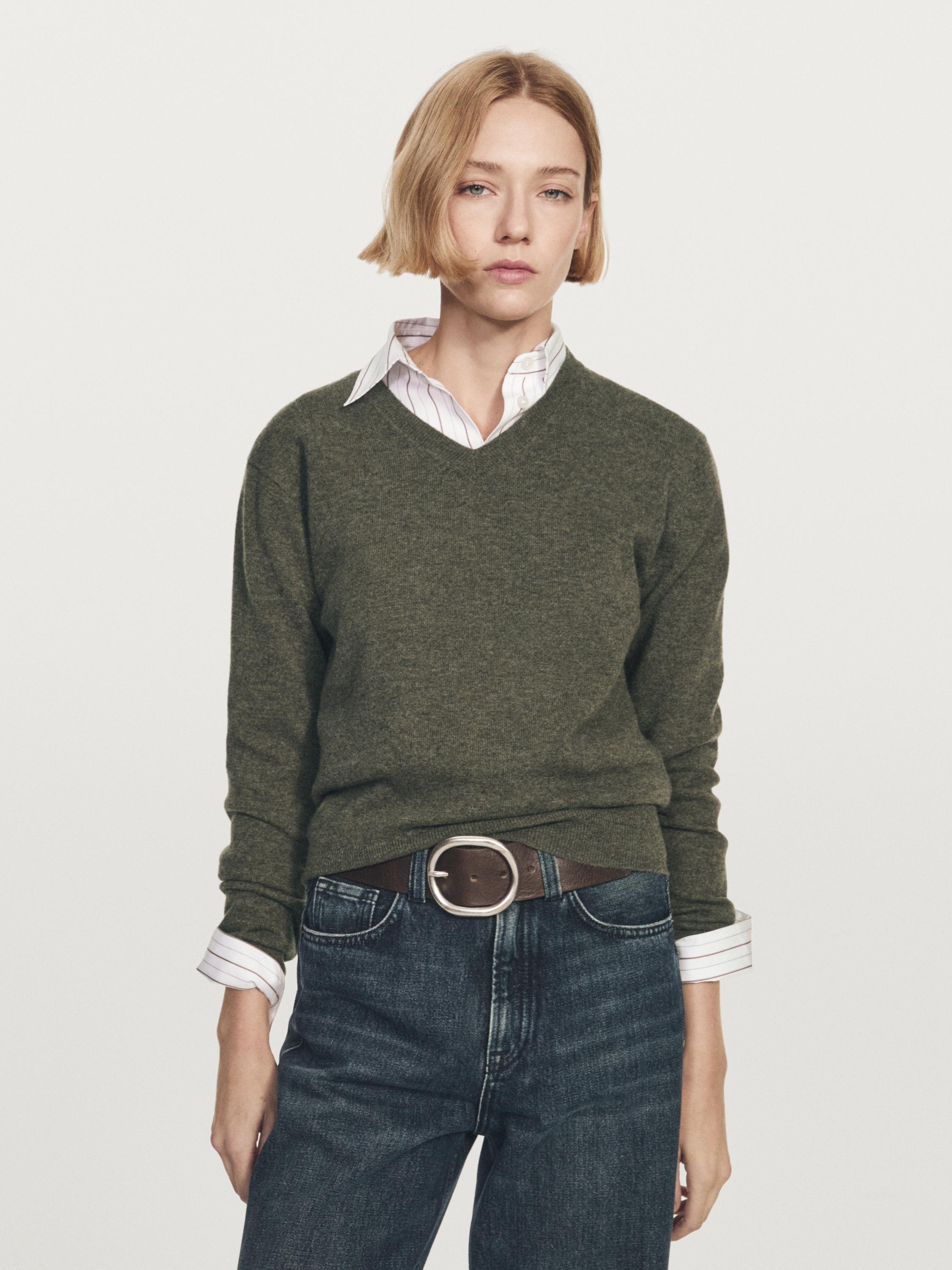 Wool blend knit V-neck sweater — GREEN MARL