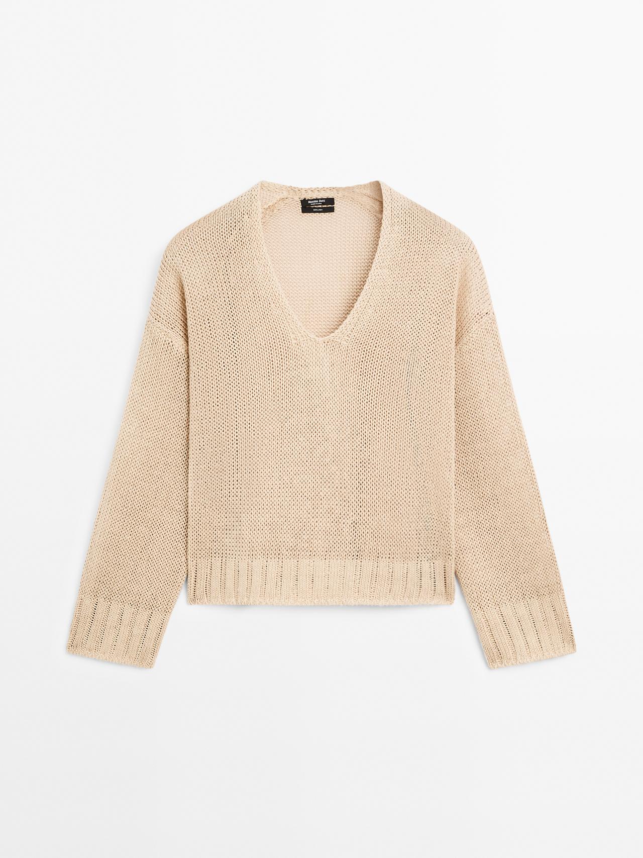 Massimo Dutti - Dame - Strikket Trøje I Hør Med V-Udskæring - Beige - Xs