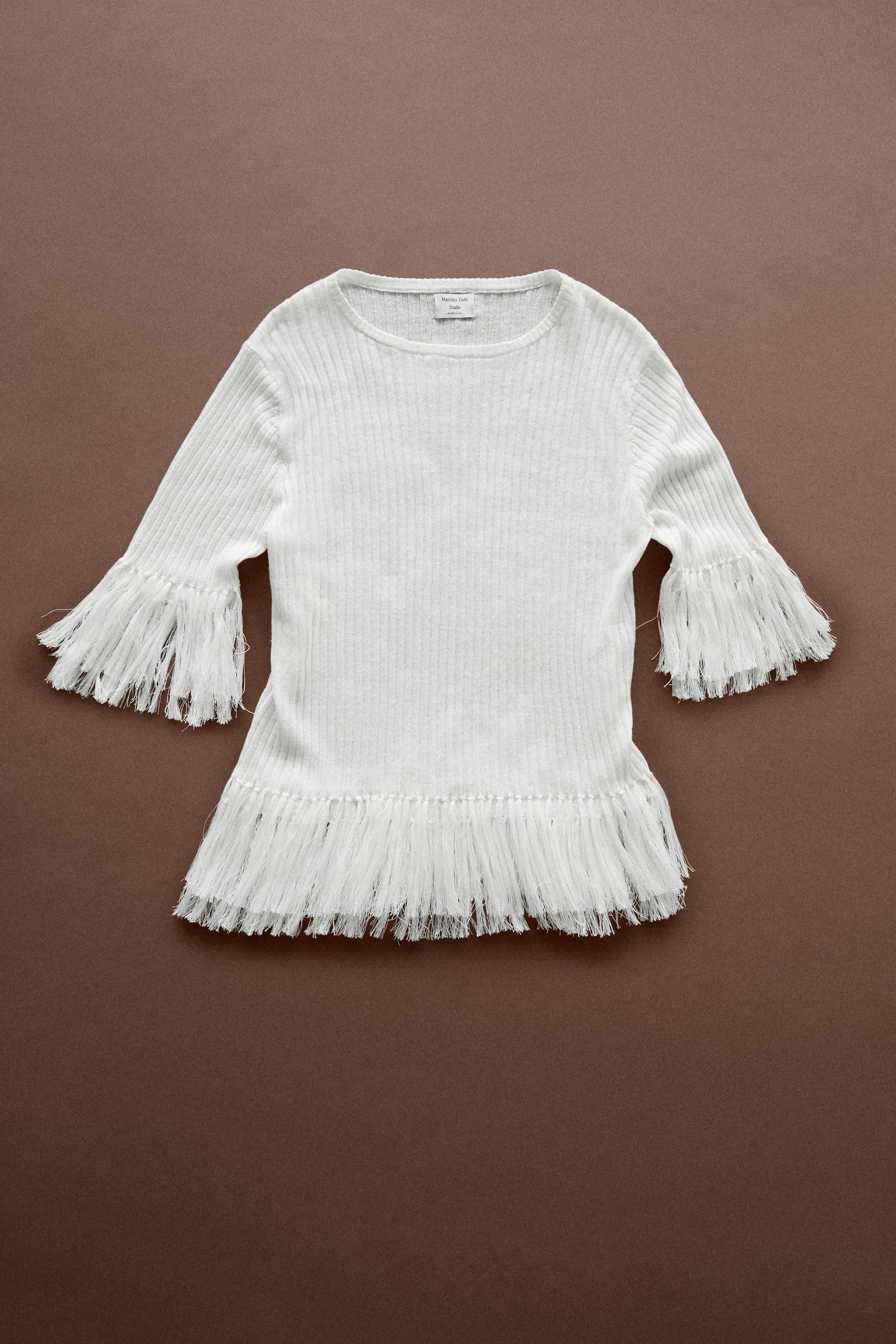 Fringe detail knit sweater - STUDIO — WHITE