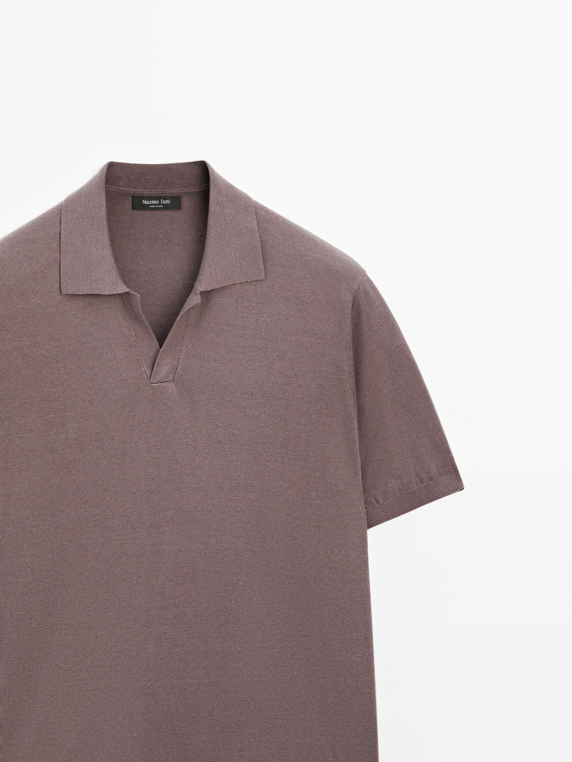 Linen blend knit V-neck polo shirt