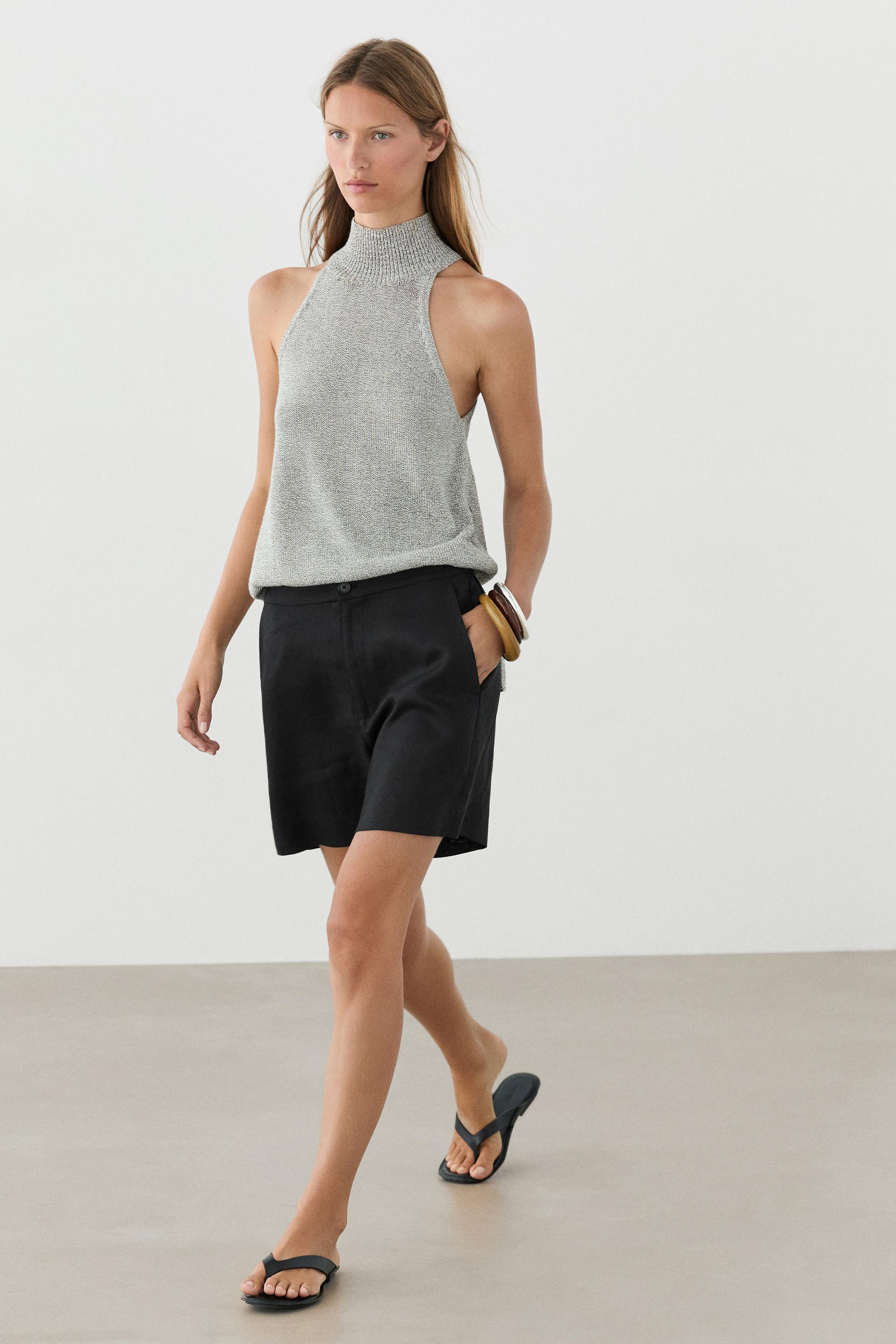 100% linen short Bermuda shorts — BLACK