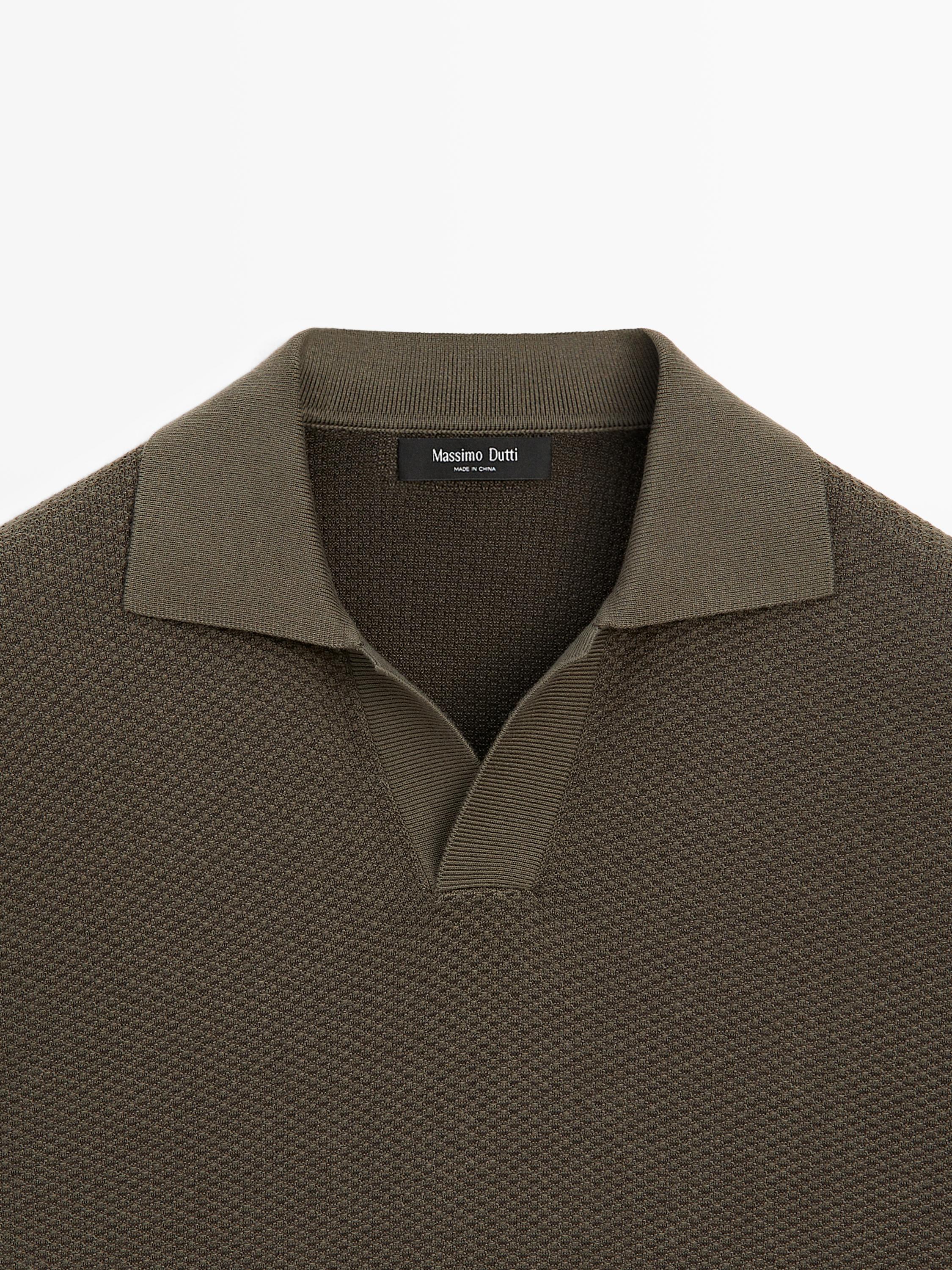 100% cotton textured knit polo sweater — Greyish green