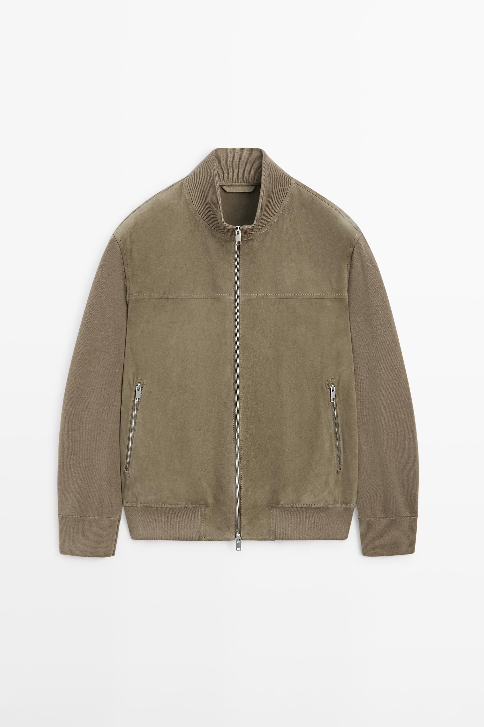 Contrast knit and suede leather jacket — PALE KHAKI