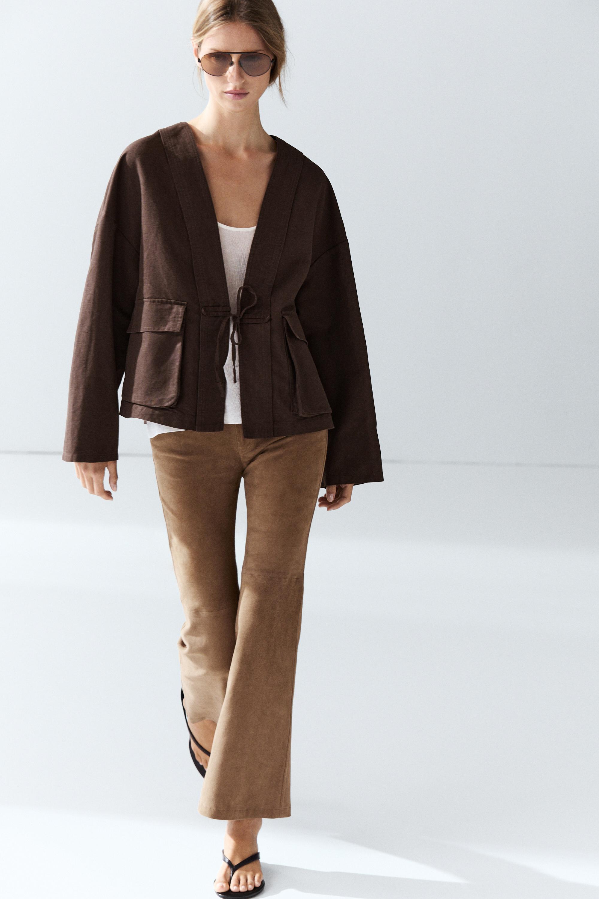 Cotton and linen pocket kimono — BROWN