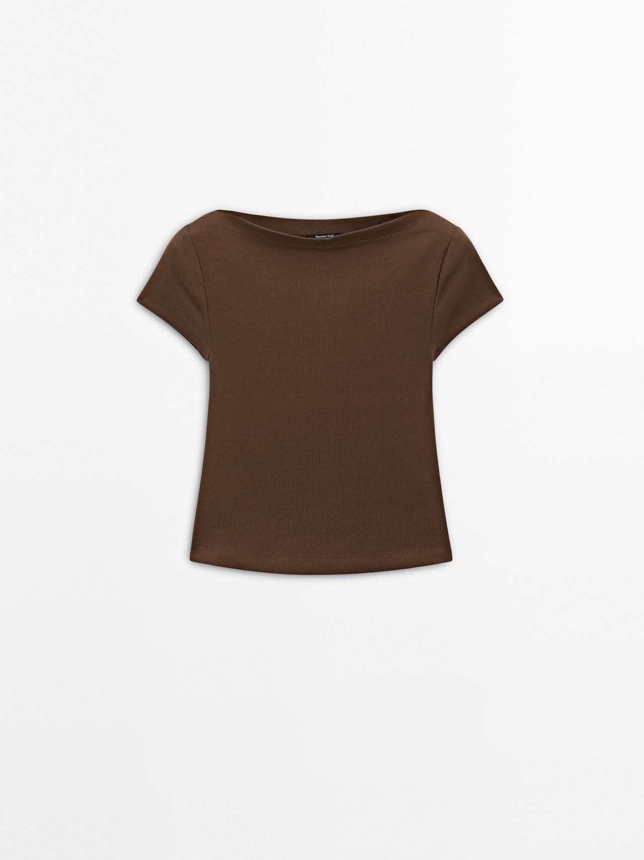 Massimo Dutti - Dame - T-Shirt I Rib Af 100 % Bomuld - Brun - Xs