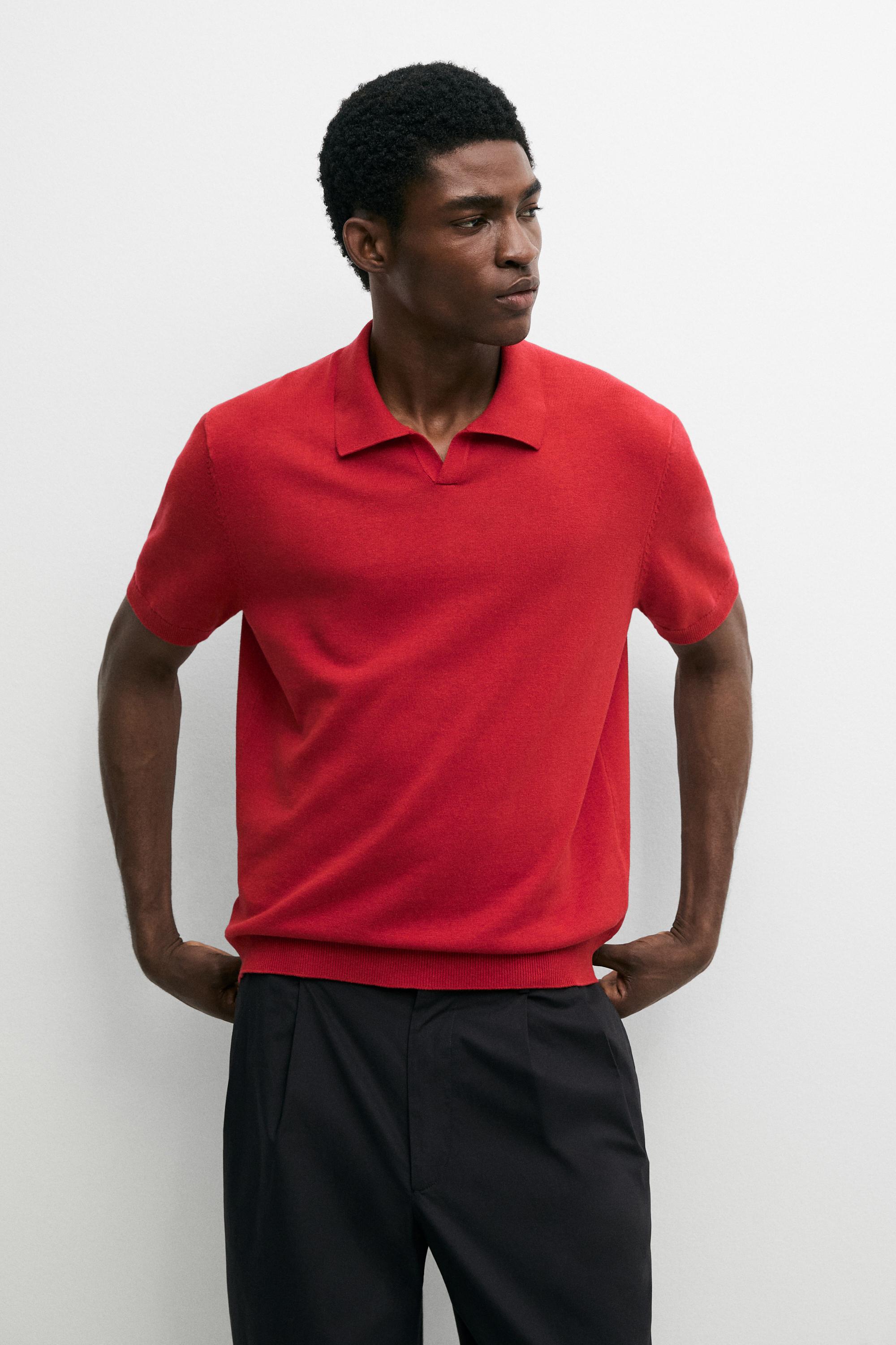 Cotton blend V-neck polo shirt — RED