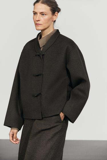 Short wool blend coat with button details — DARK GREY 8