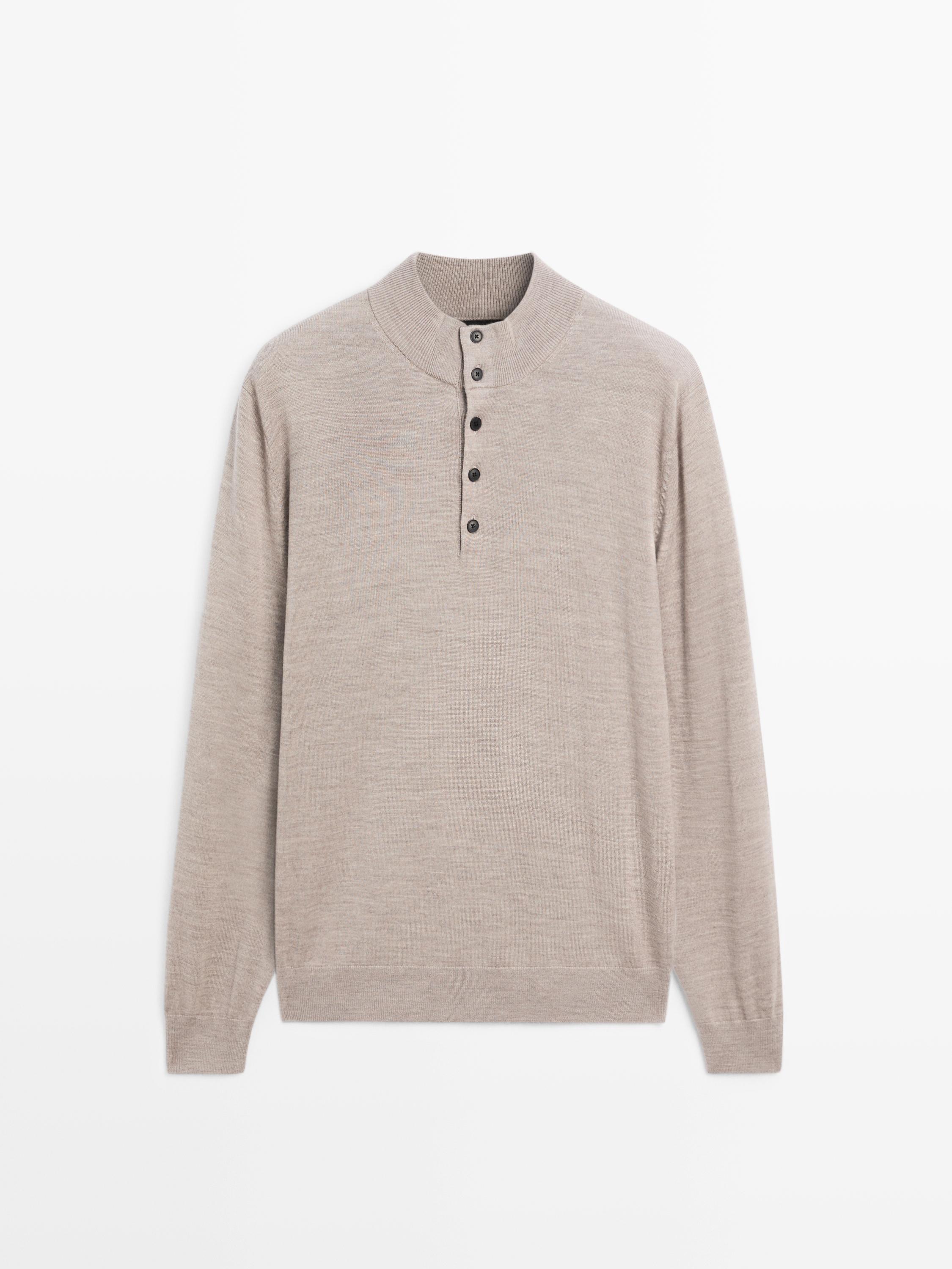 100% wool mock neck sweater with buttons