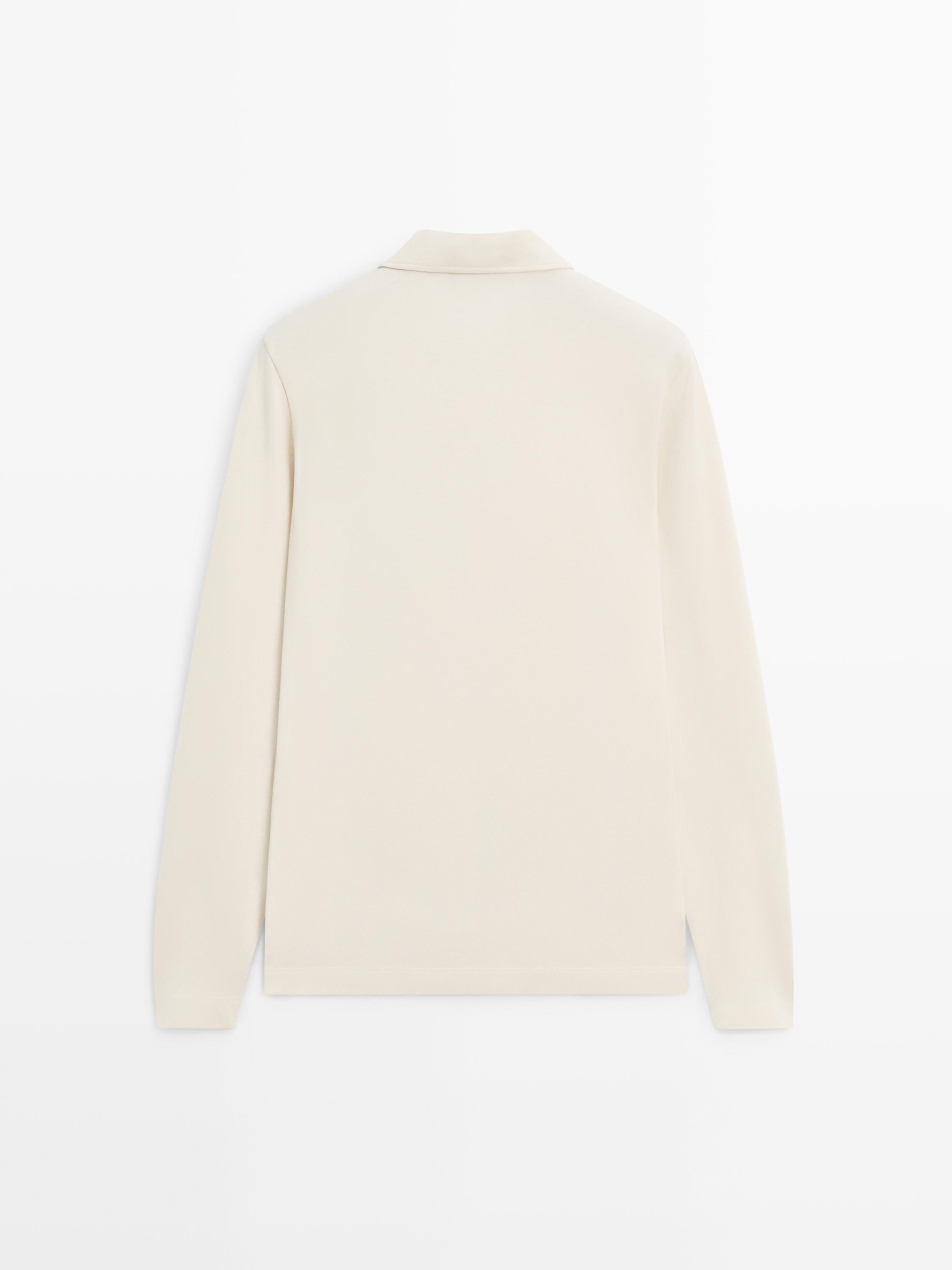 Long sleeve mercerised cotton piqué polo shirt — IVORY