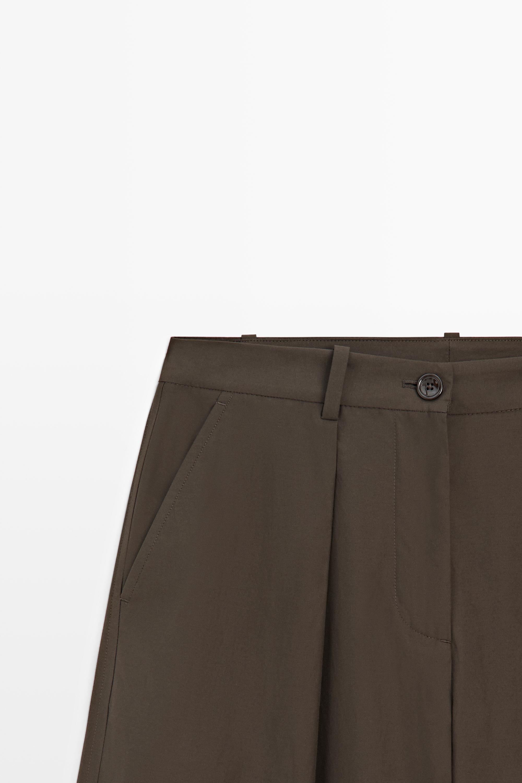 Cotton blend poplin wide-leg pants — KHAKI