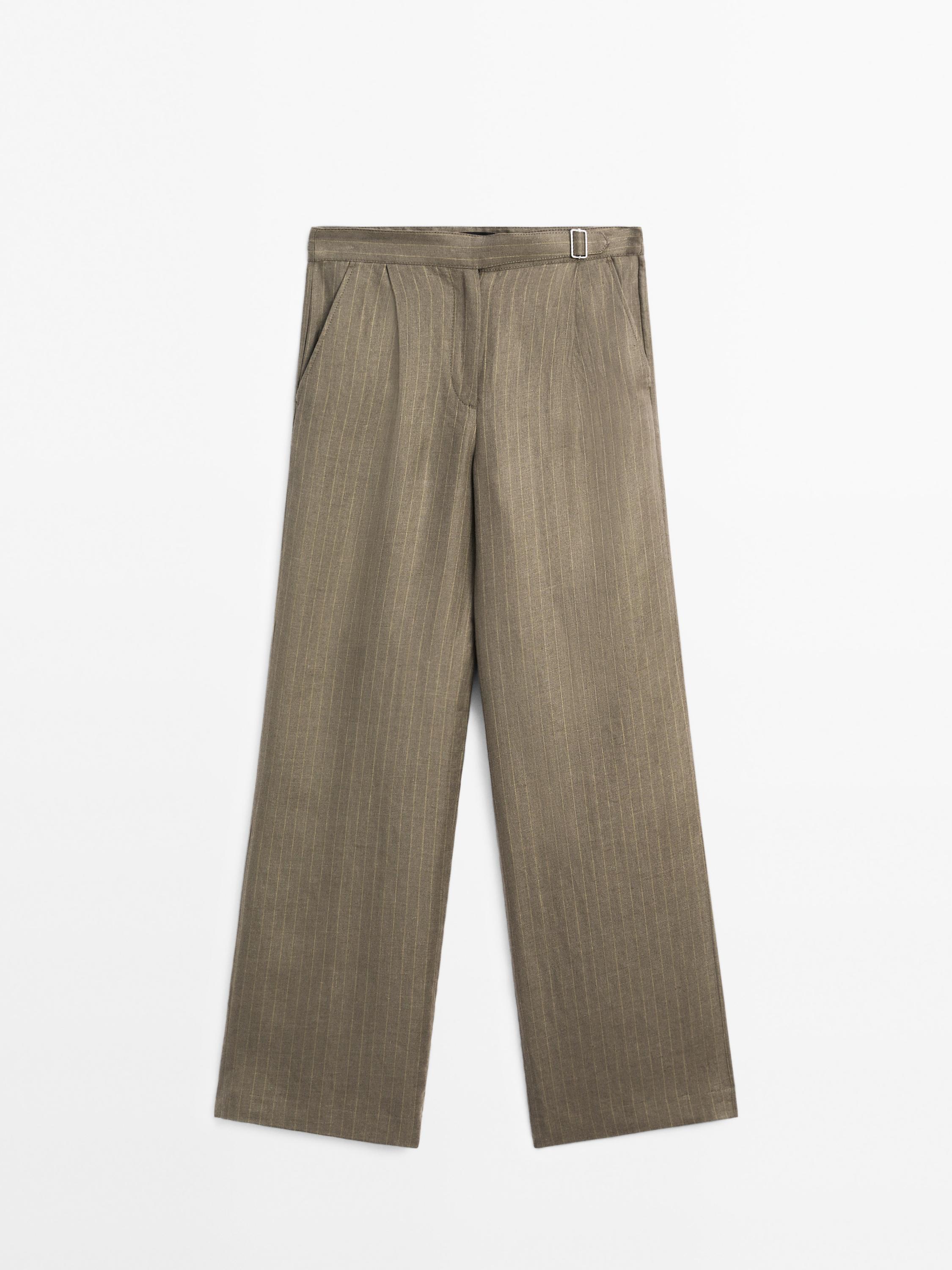 100% linen striped trousers with buckle detail