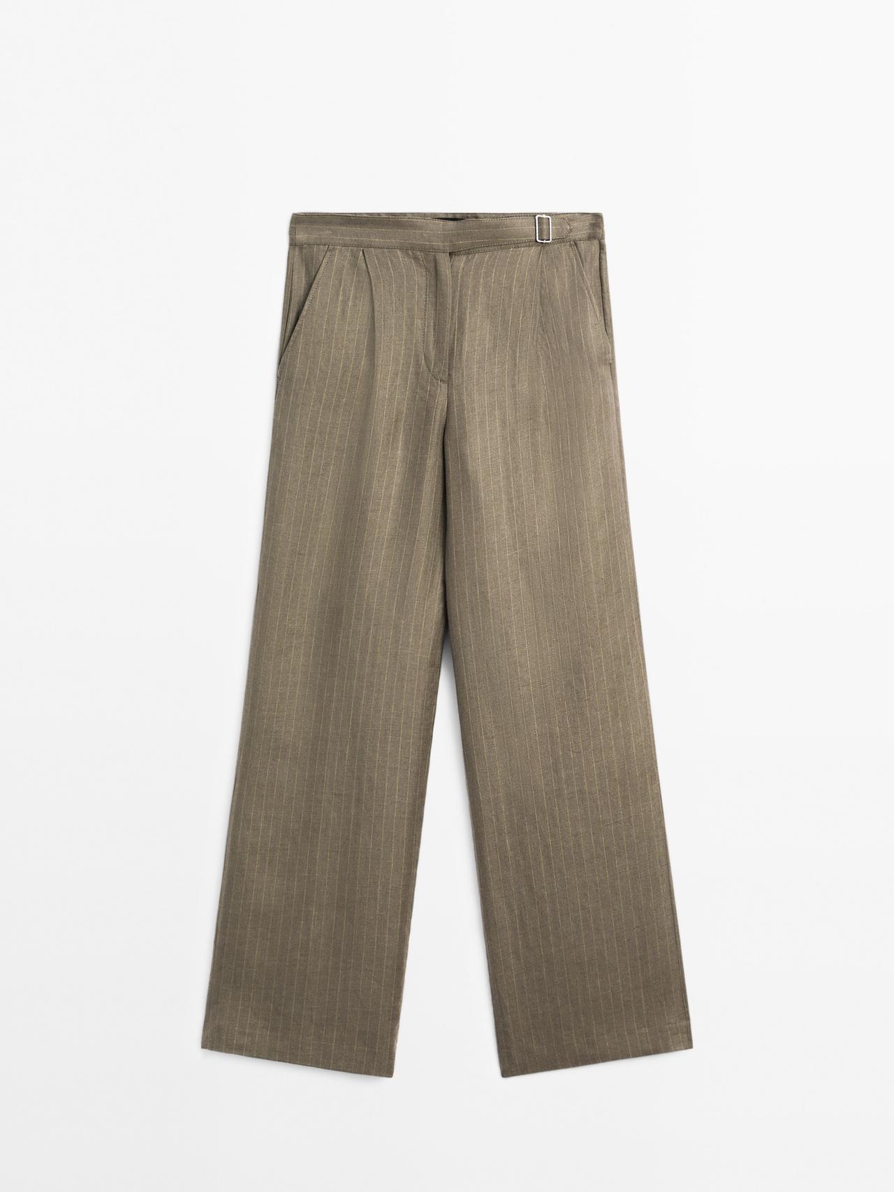 Massimo Dutti - Dame - Stribede Bukser I 100% Hør Med Spændedetalje - Grågrøn - 44