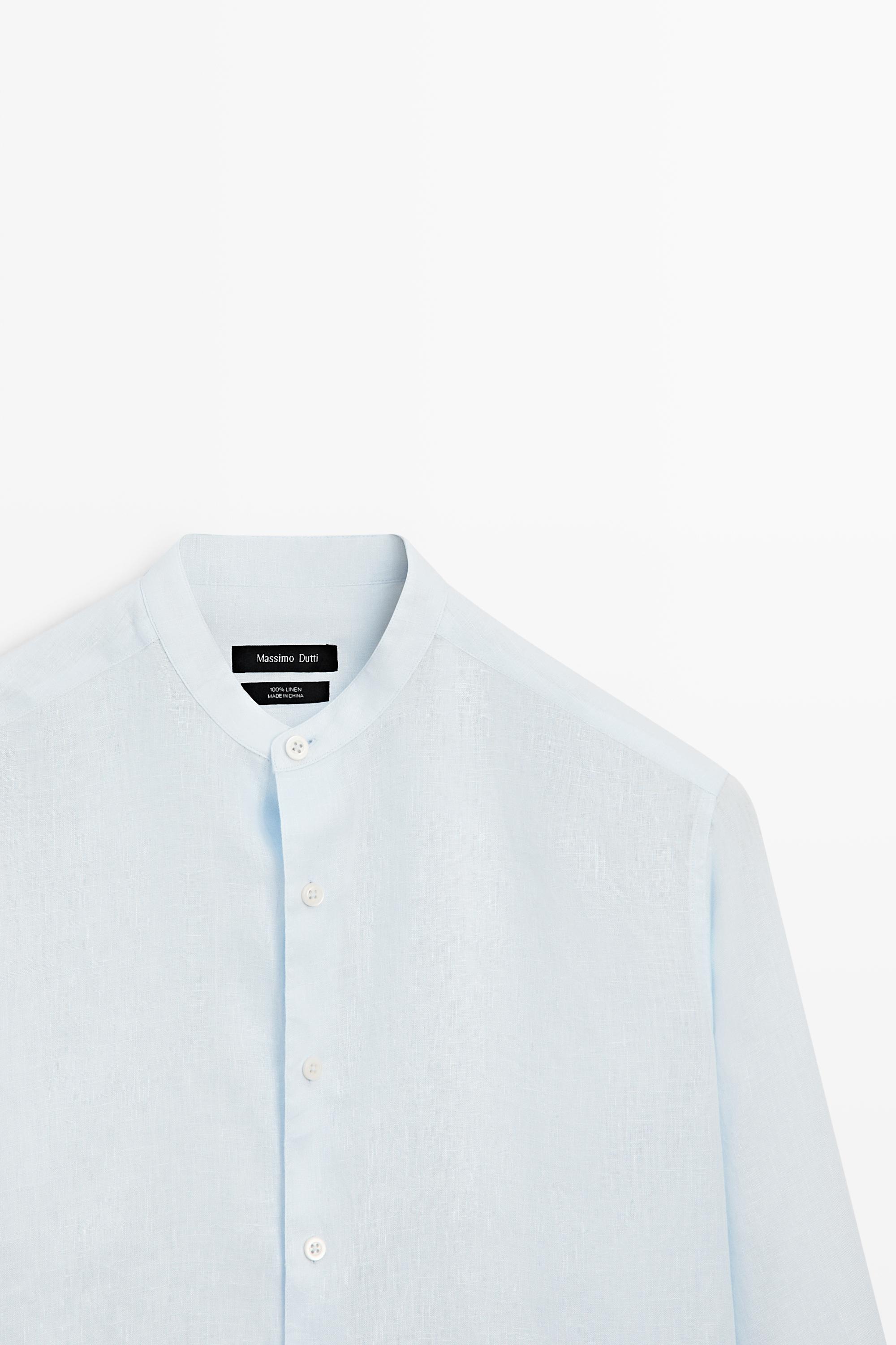 100% linen regular fit stand collar shirt — Sky blue