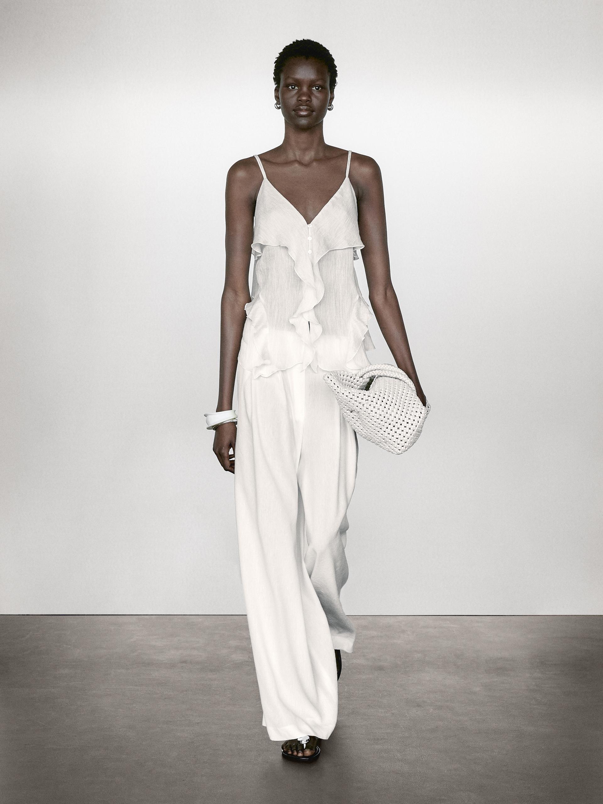 Massimo Dutti Linen Blend Darted Palazzo Trousers In Multi