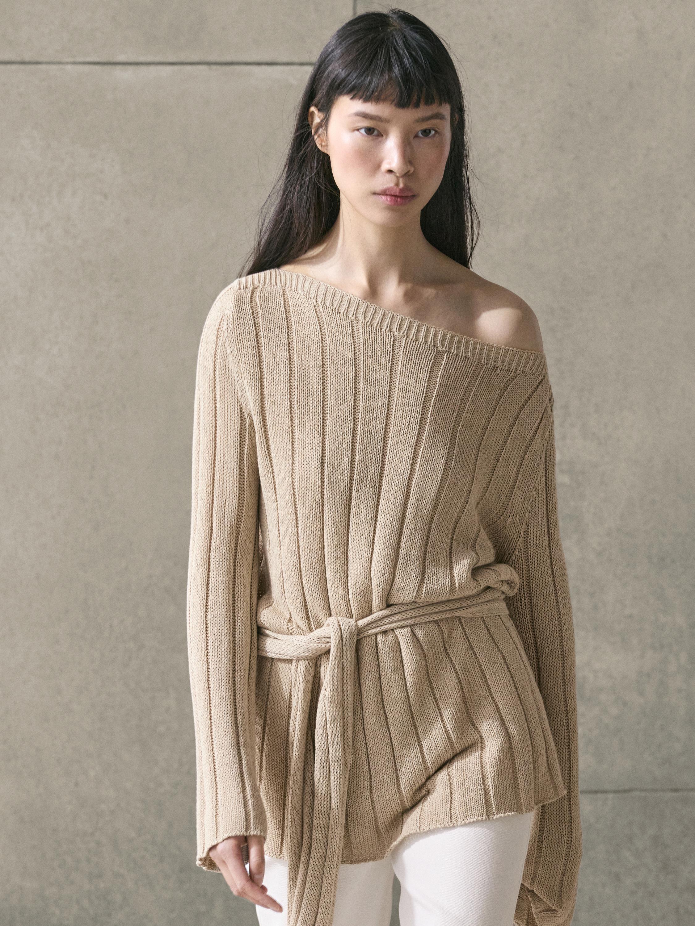 Cotton blend knit boat neck sweater — BEIGE