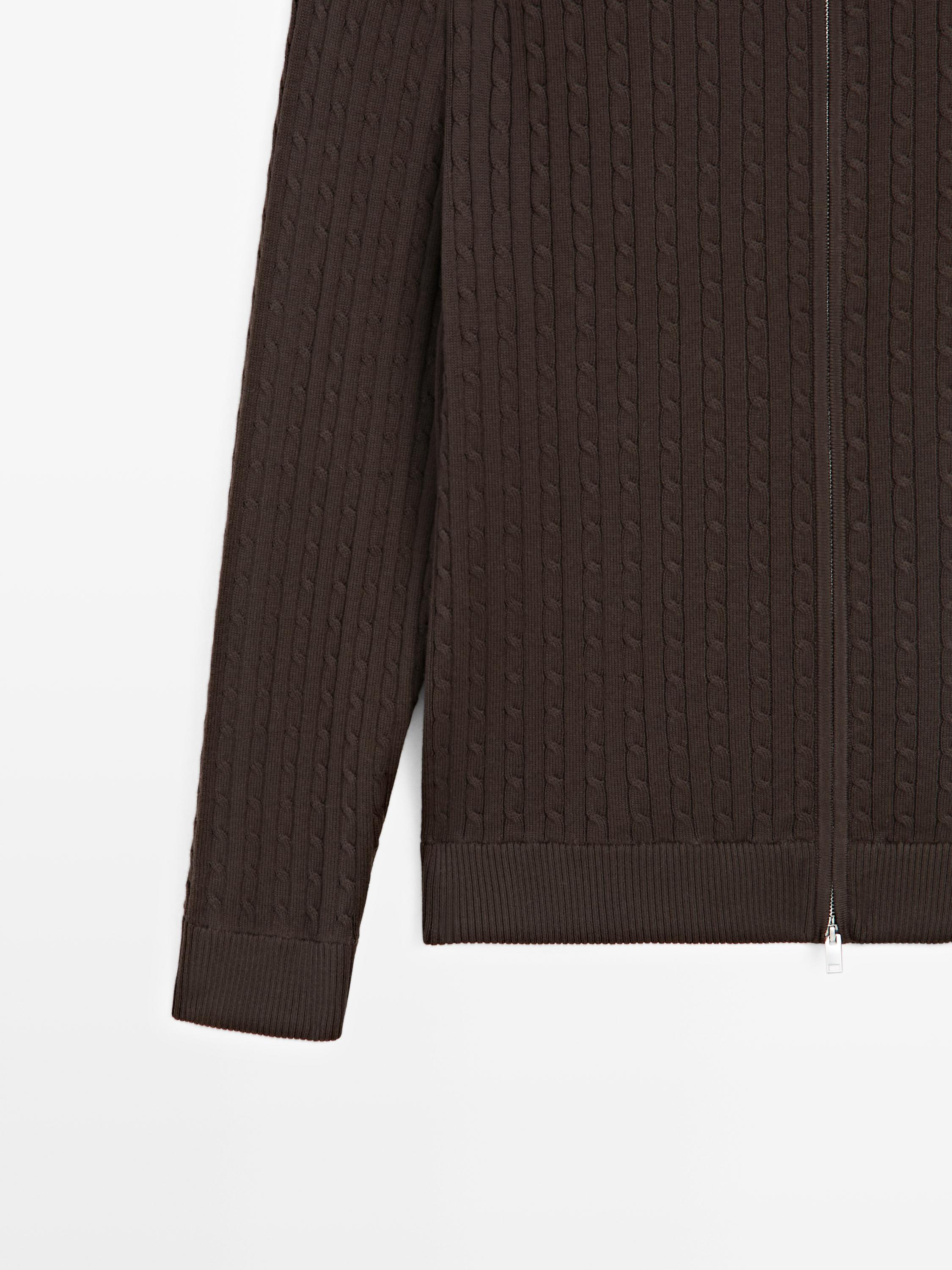 Cotton cable-knit cardigan with zip — BROWN MARL