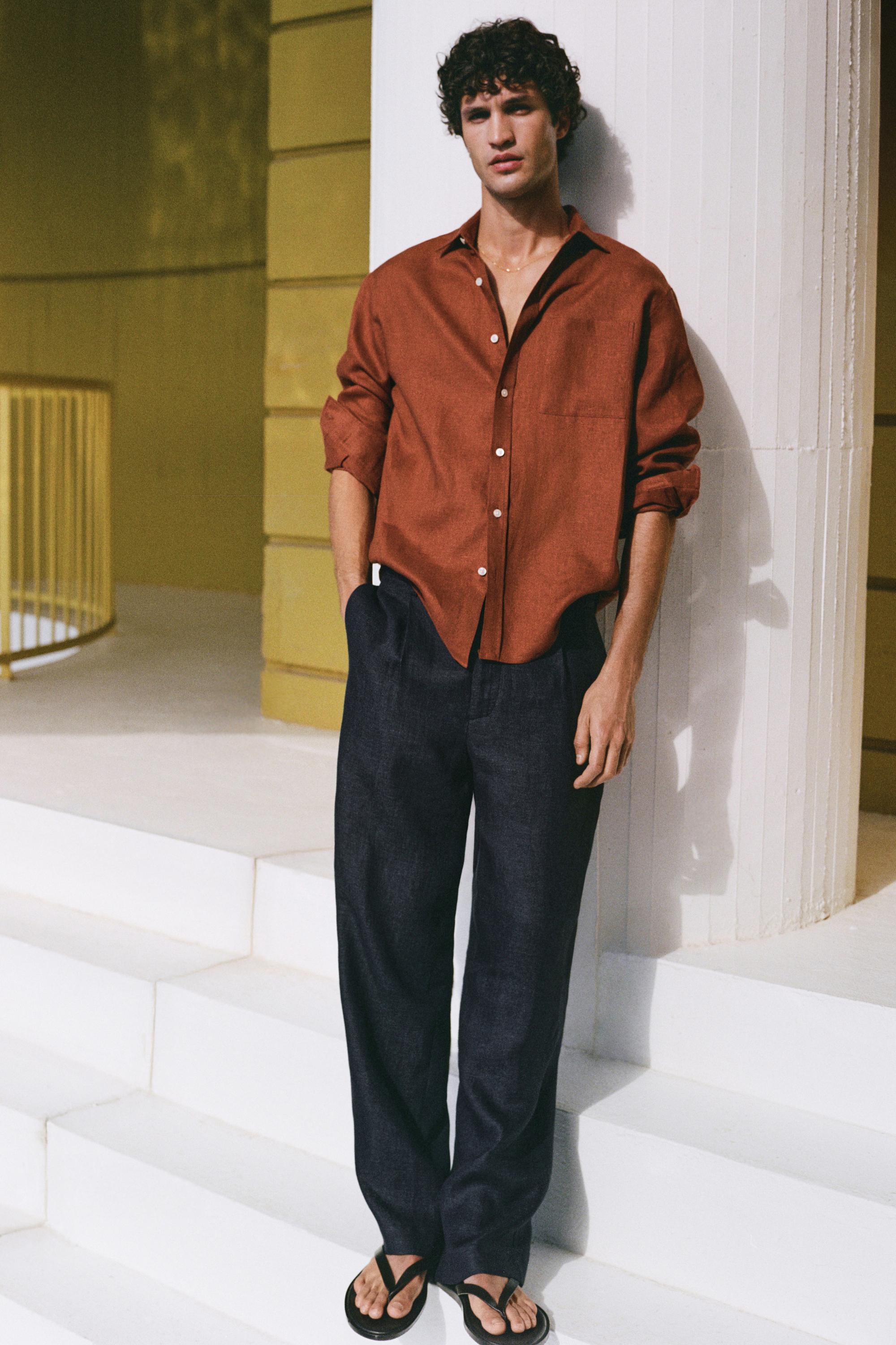 Regular fit 100% linen shirt with pocket detail — BURNT ORANGE
