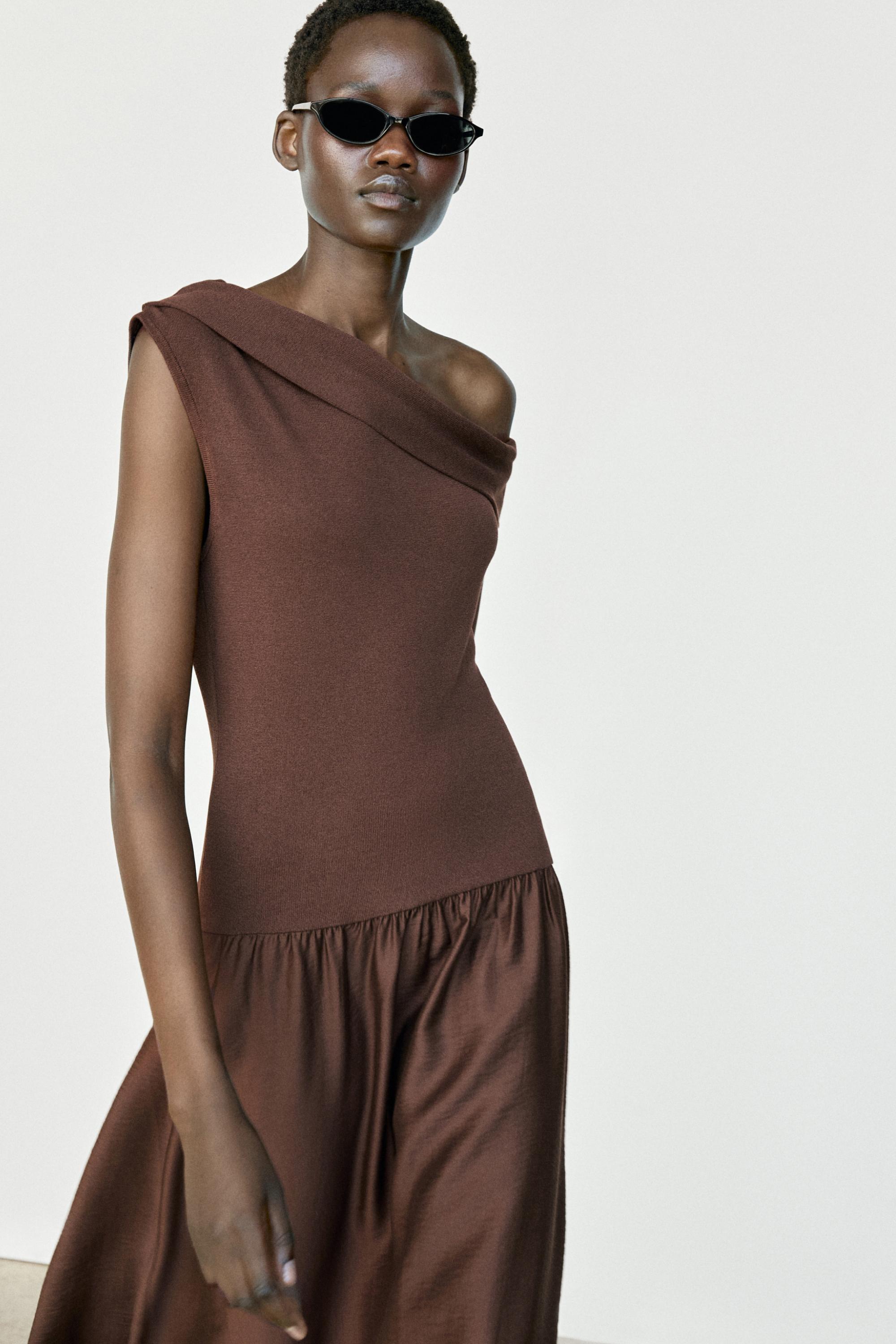 One-shoulder midi dress — BROWN