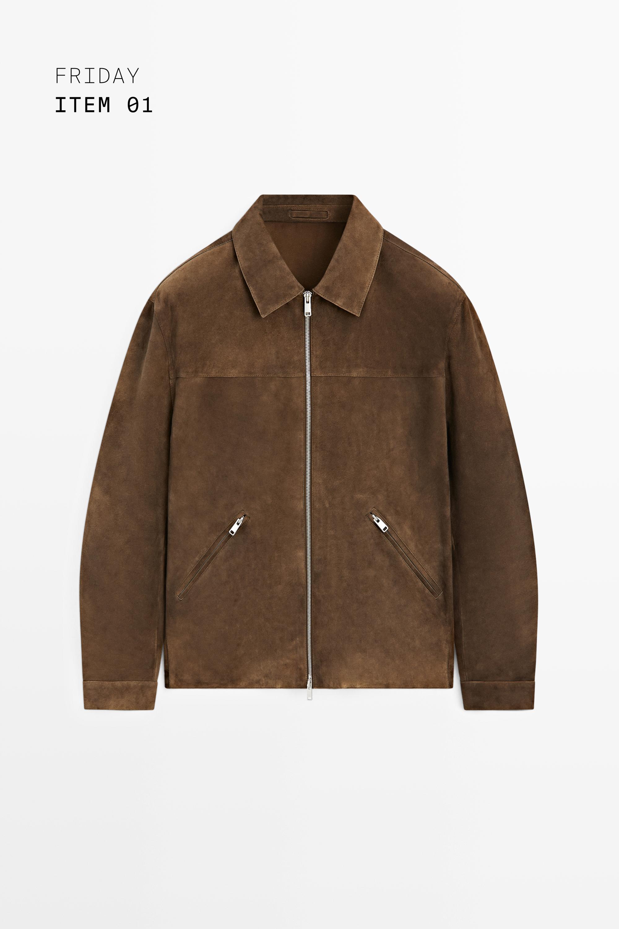 Suede leather zip-up jacket — BROWN MARL