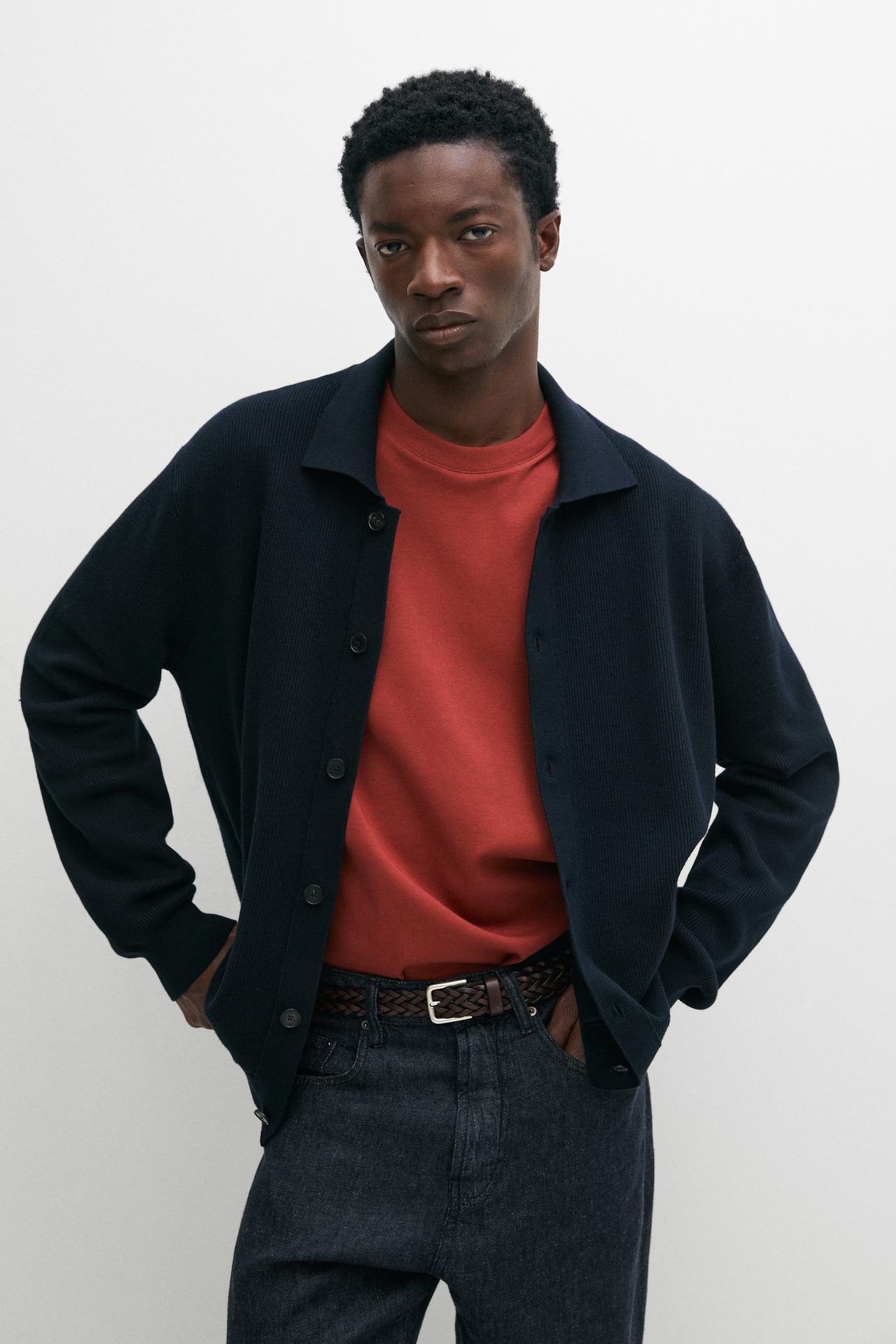 100% cotton polo collar knit cardigan — NAVY BLUE