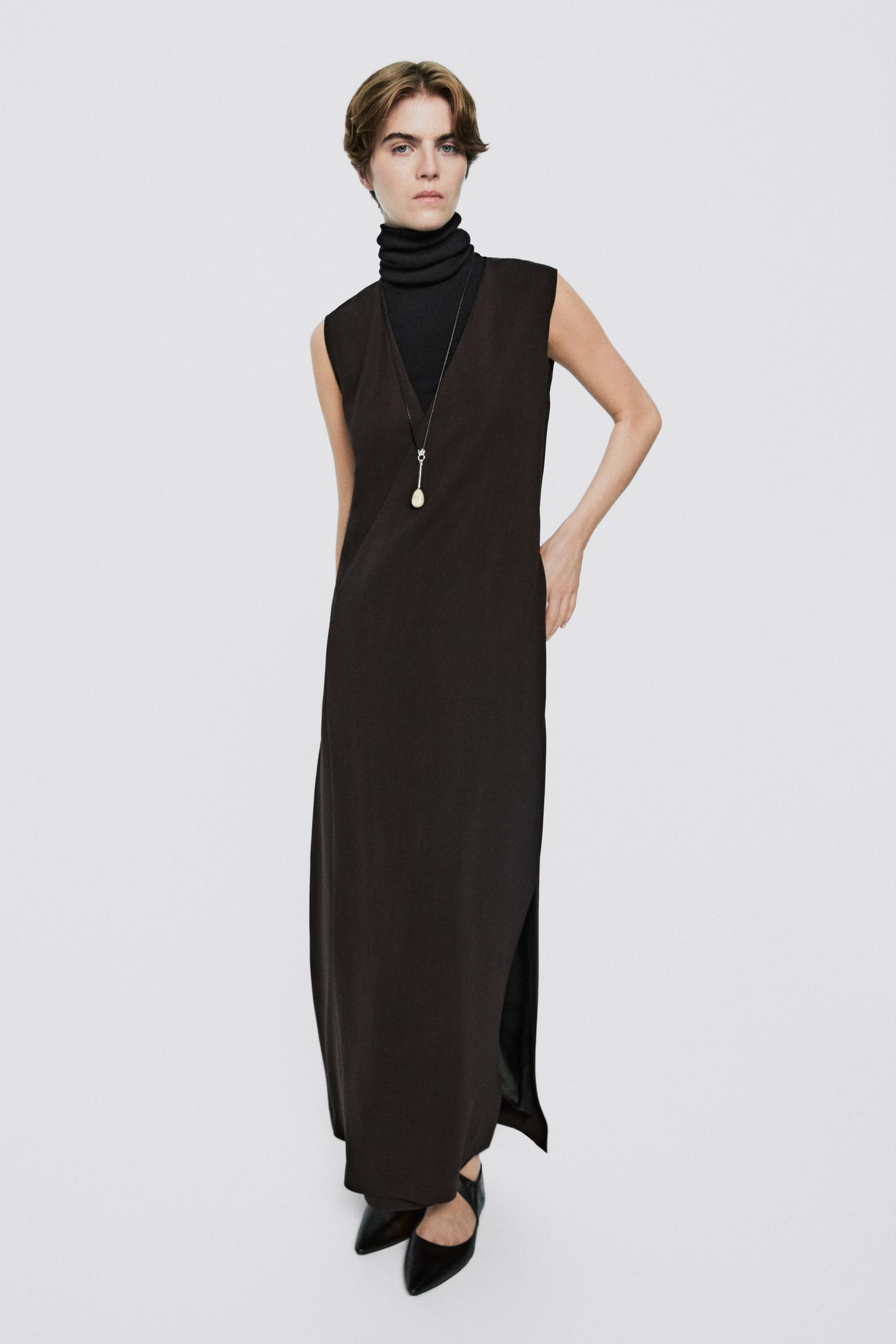 Vestito Midi Scollo A V - Limited Edition - Marrone - 42 - Massimo Dutti - Female