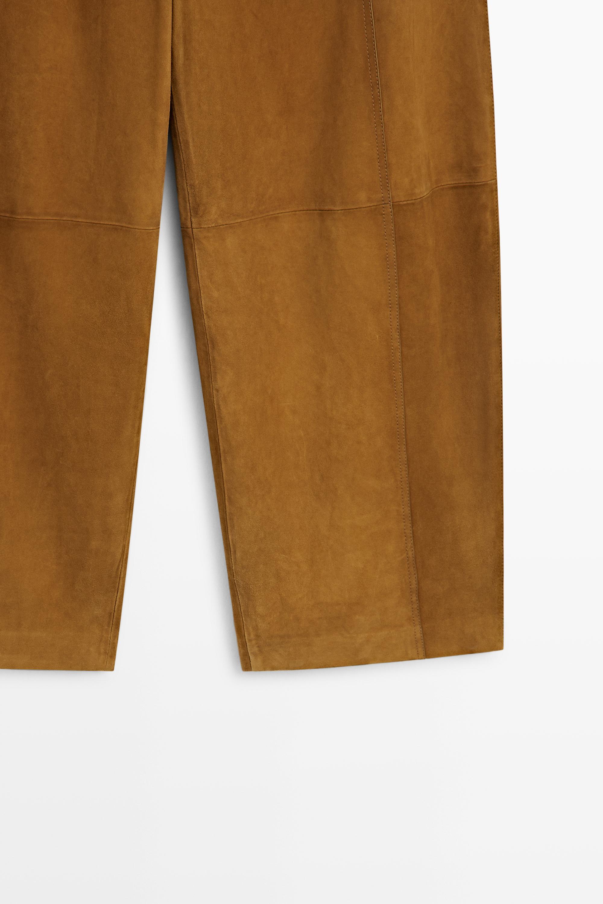 Suede goatskin barrel fit pants — DARK CAMEL