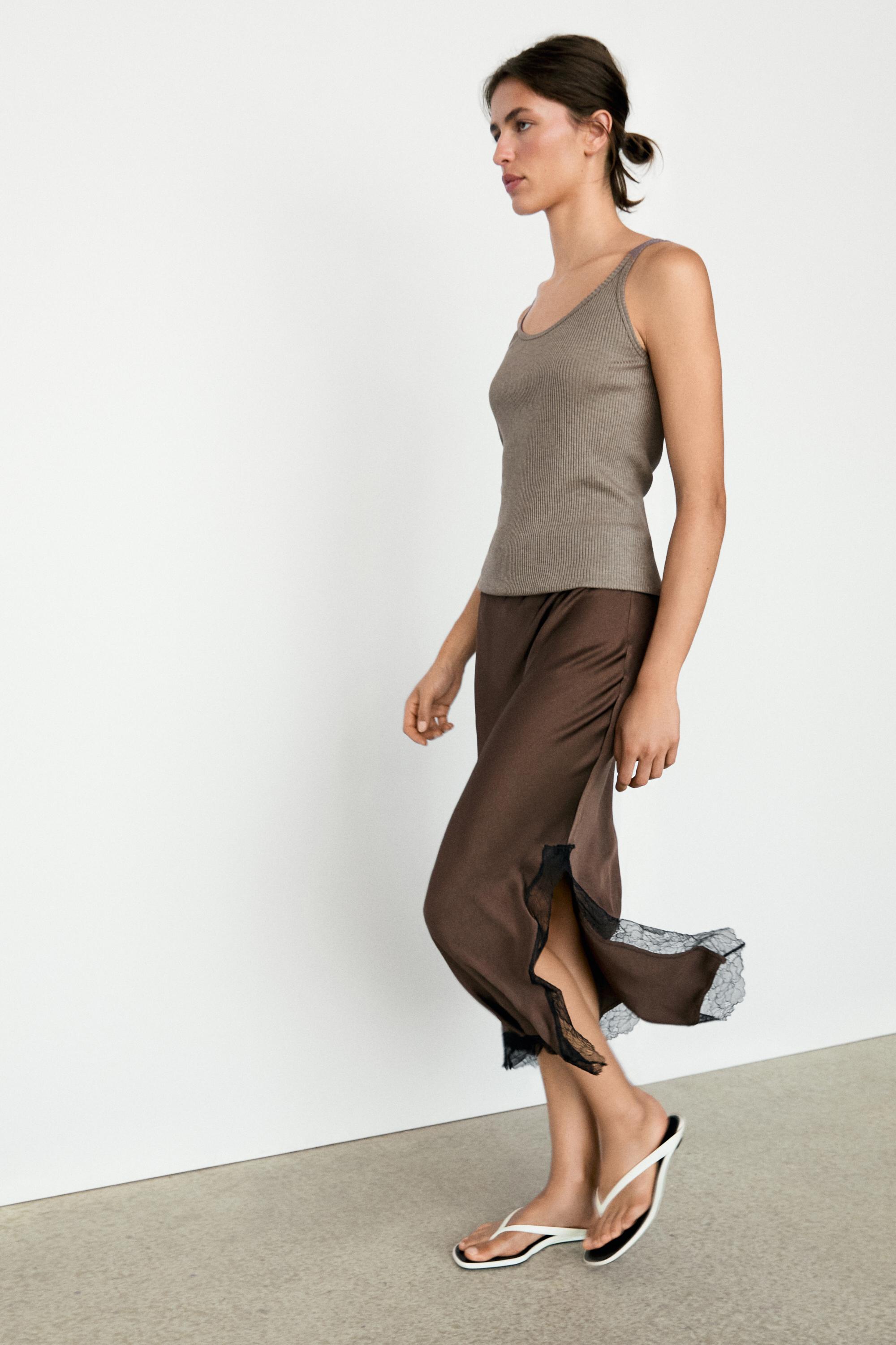 Lace-trimmed midi skirt — BROWN MARL